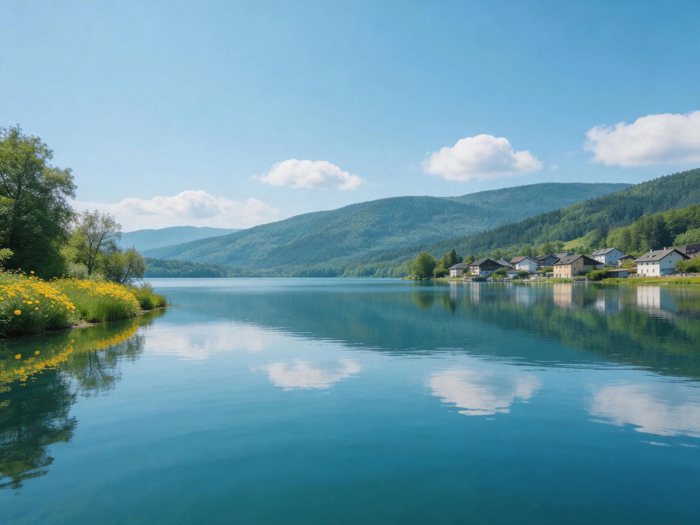 Tranquil lake reflects blue sky, green mountains, and village homes
