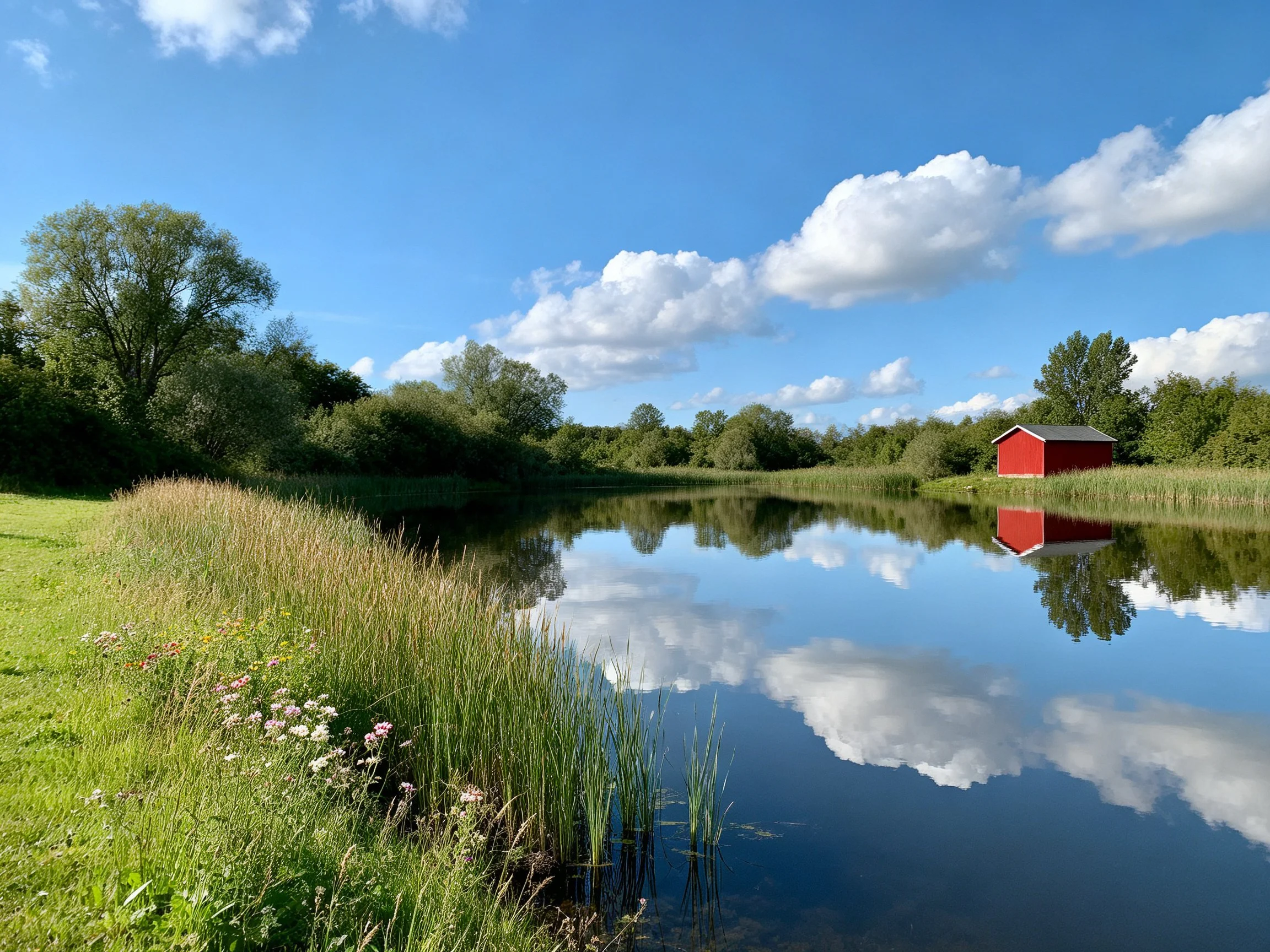 Tranquil lake reflects blue sky, red shed, and dense green foliage