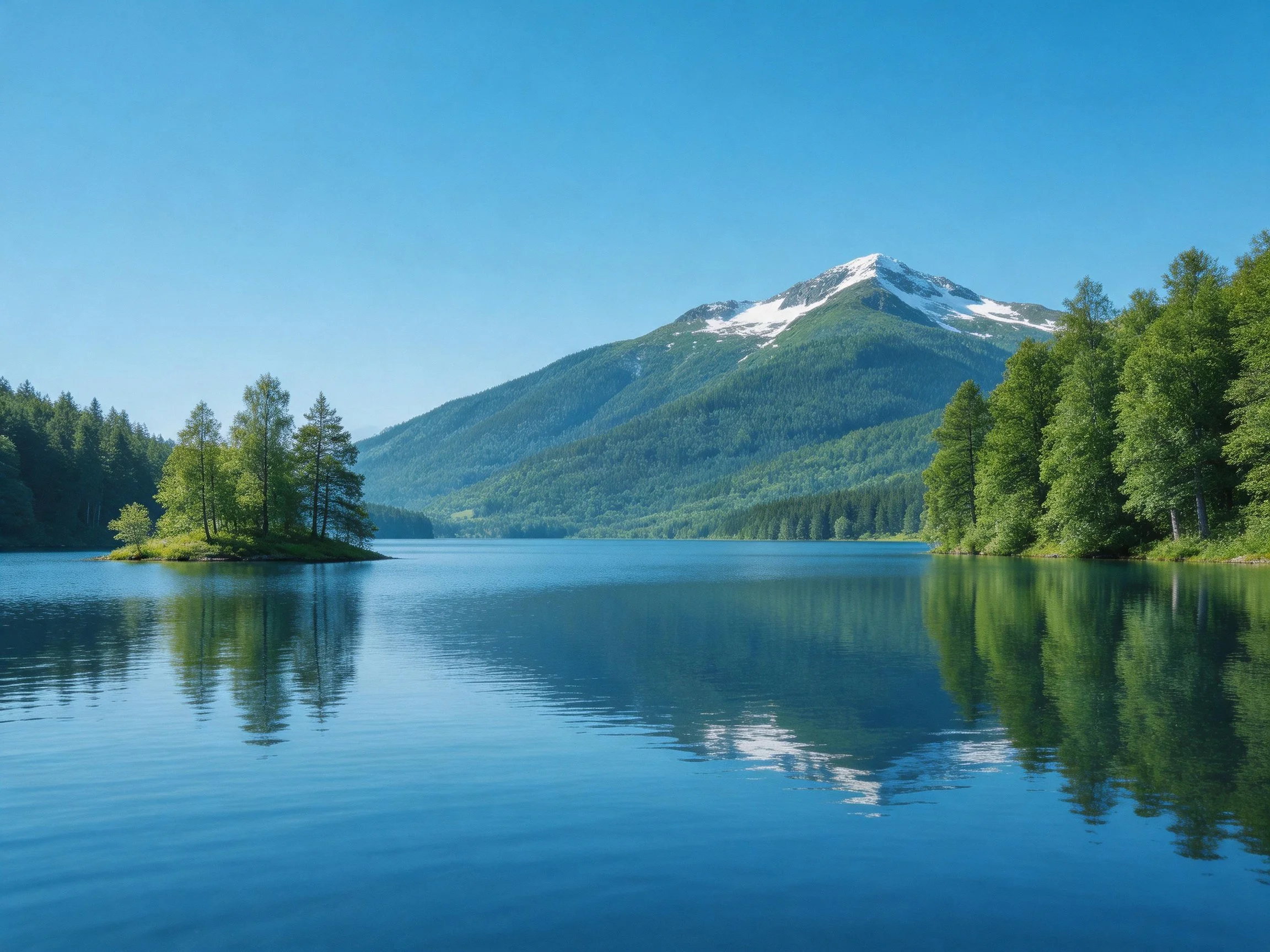 Tranquil lake reflects forested island and snow - capped mountain
