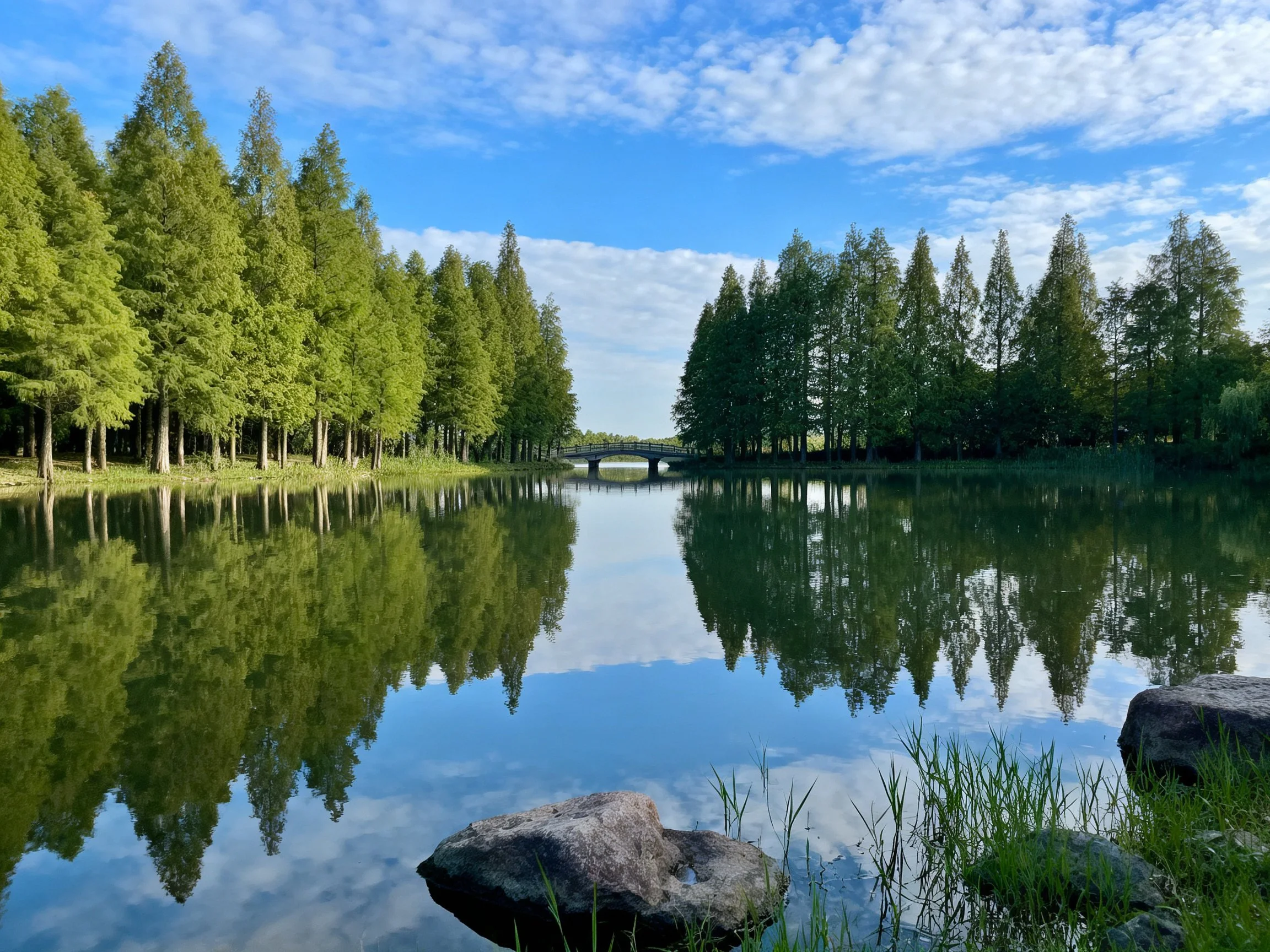 Tranquil lake reflects tall green trees and blue sky
