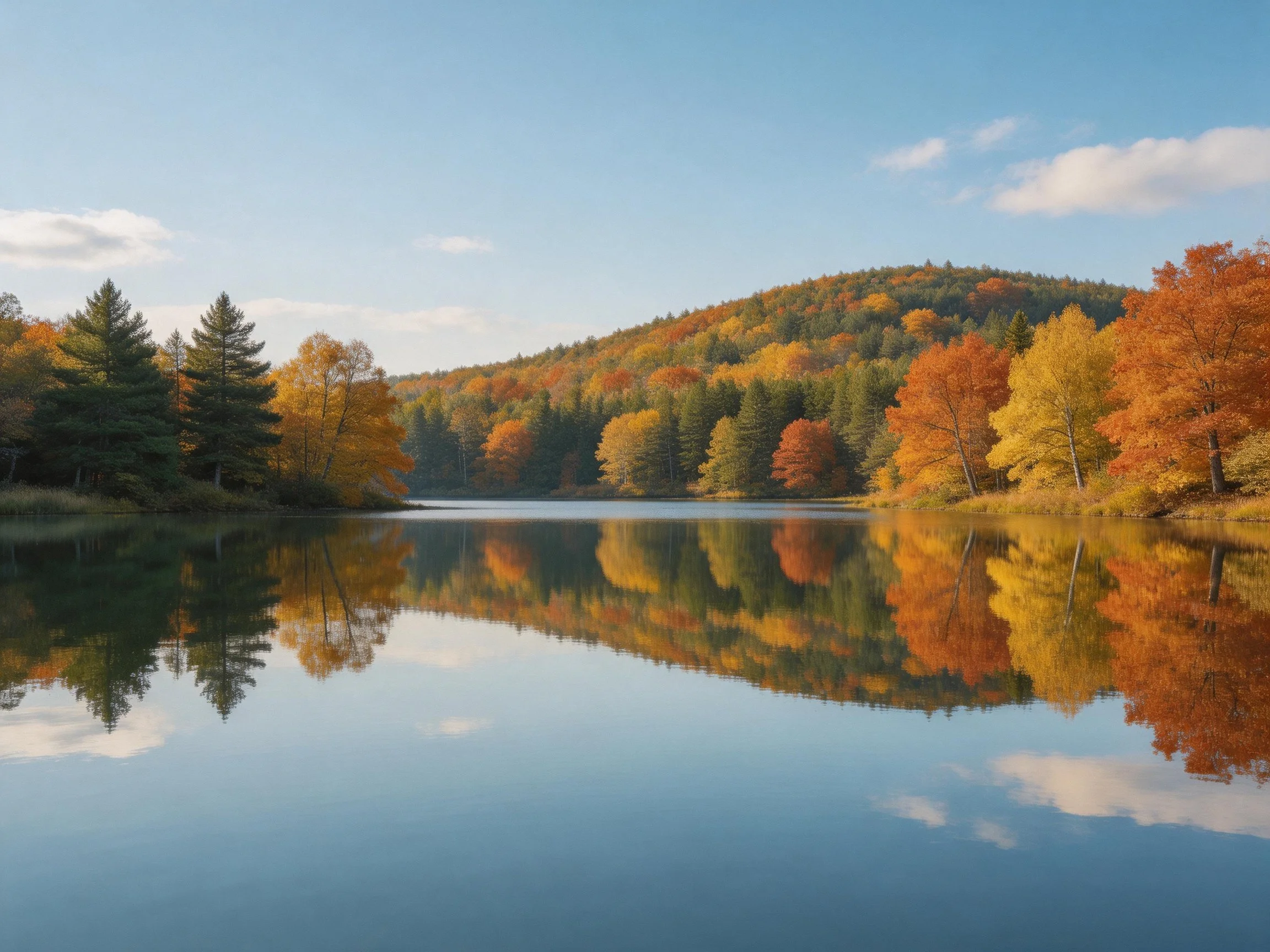 Tranquil lake reflects vibrant fall foliage and forested hillside
