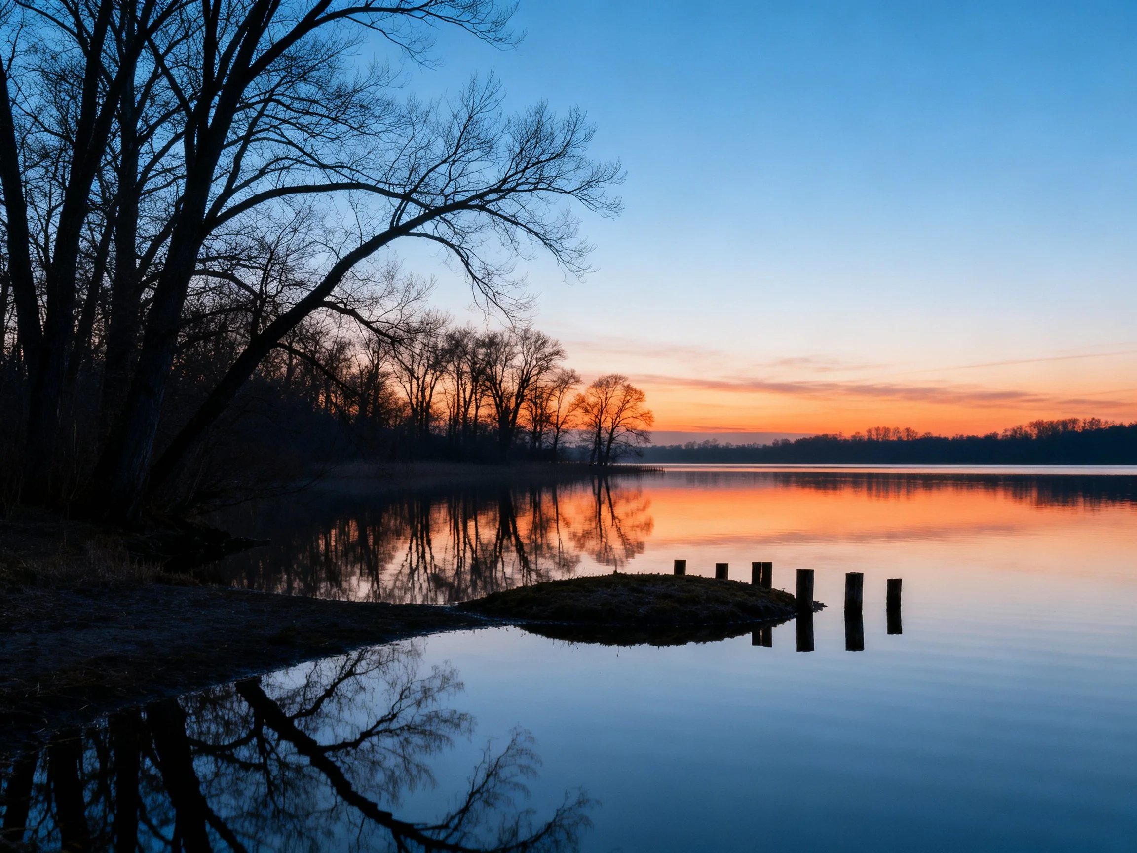 Tranquil lake sunset with tree reflections and wooden posts