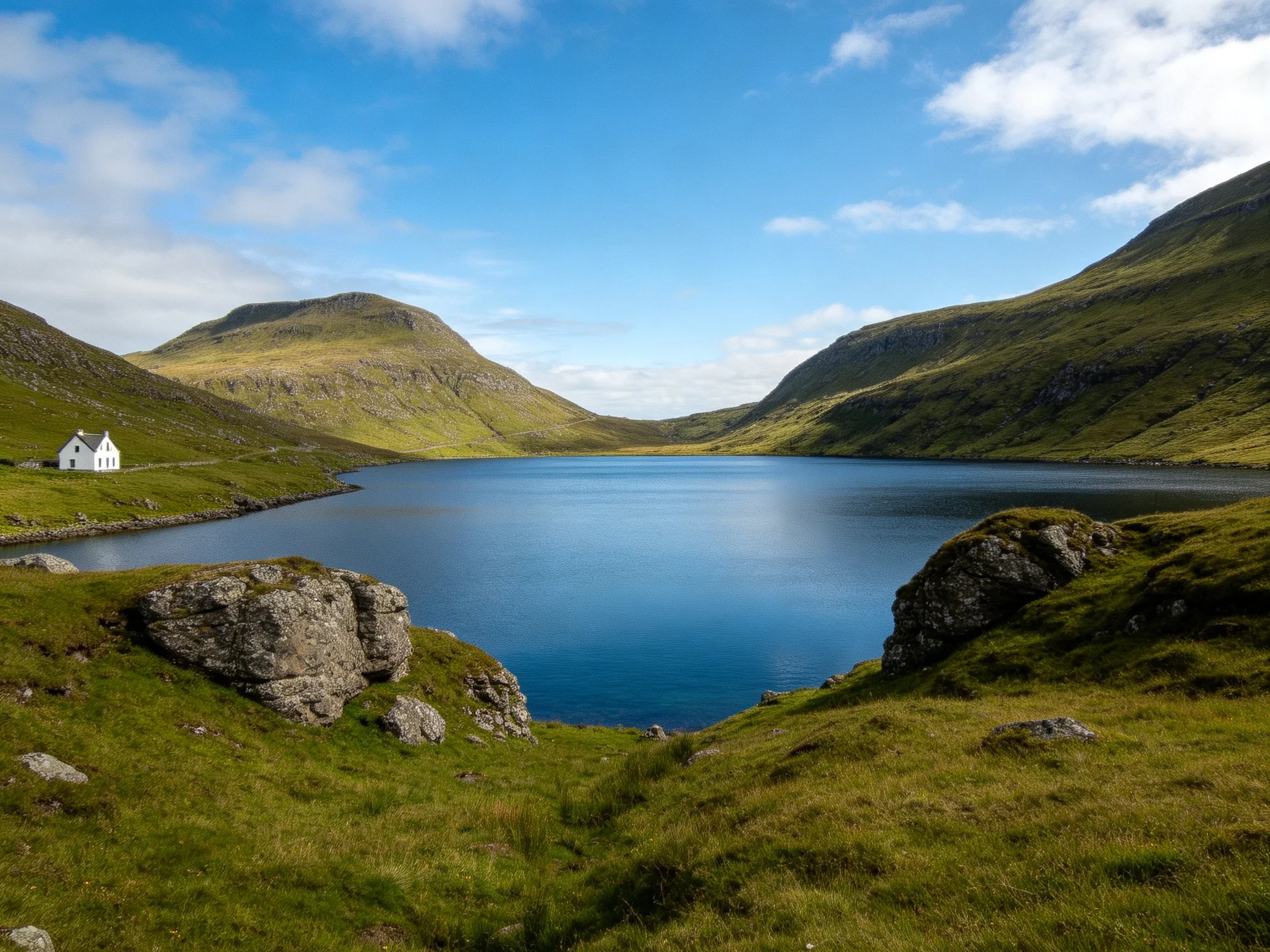 Tranquil lake surrounded by green hills and rocky landscapes