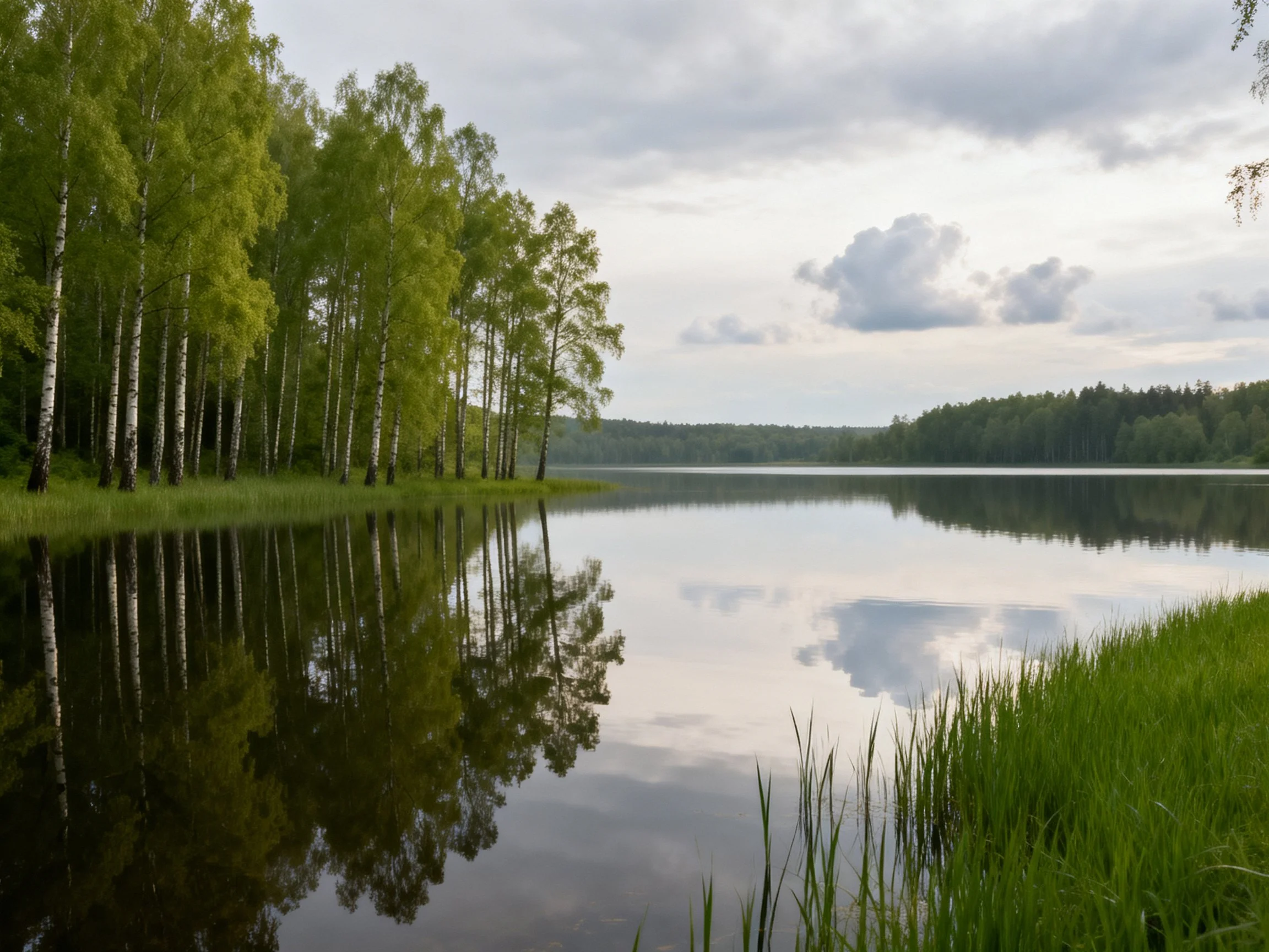 Tranquil lake with birch trees and reflective shoreline