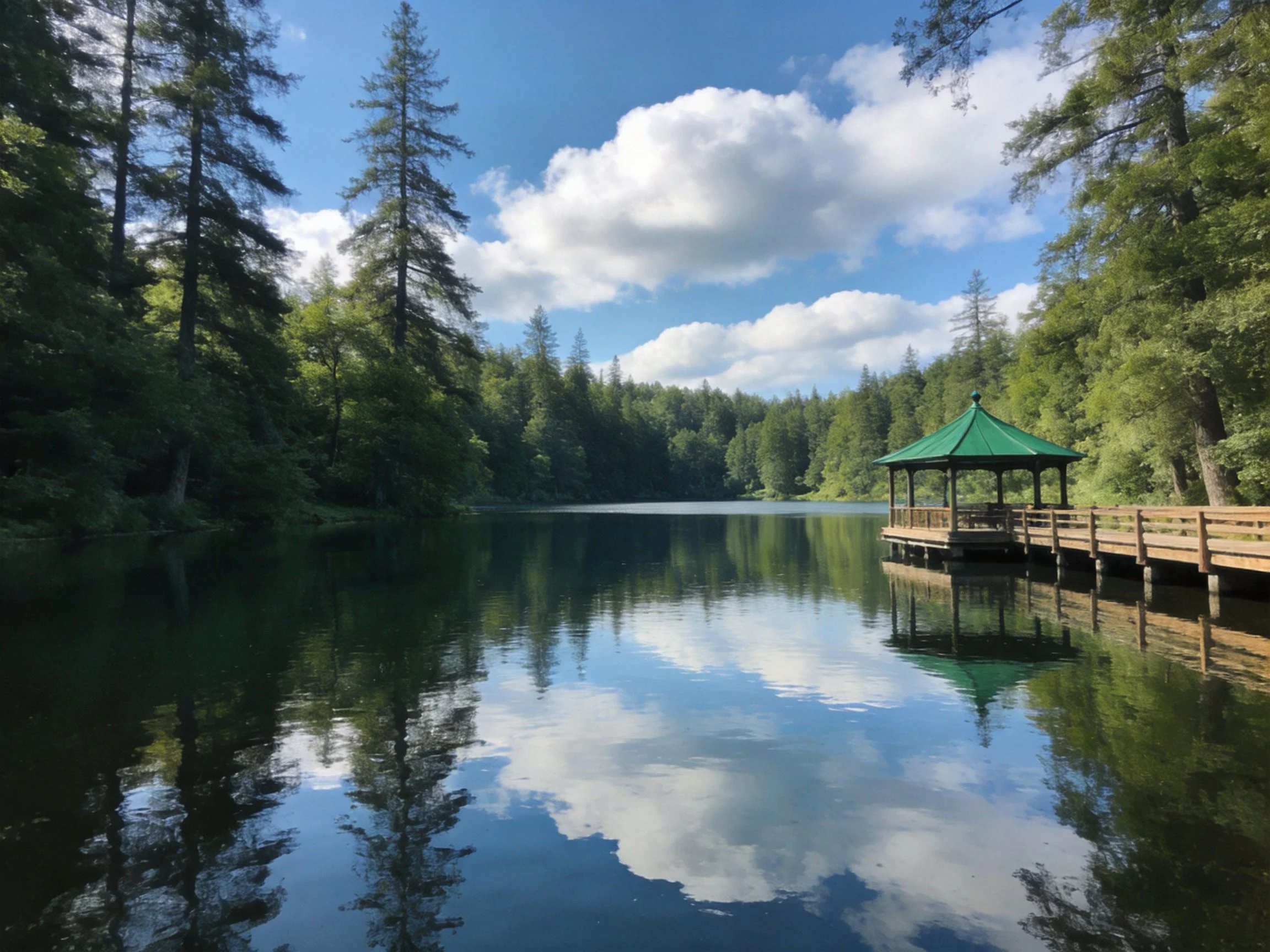 Tranquil lake with green gazebo, bordered by dense forest.