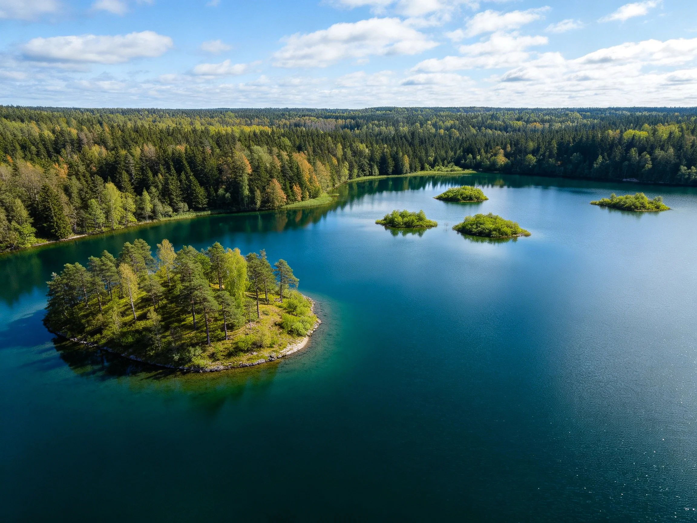 Tranquil lake with lush green islands, forested shoreline