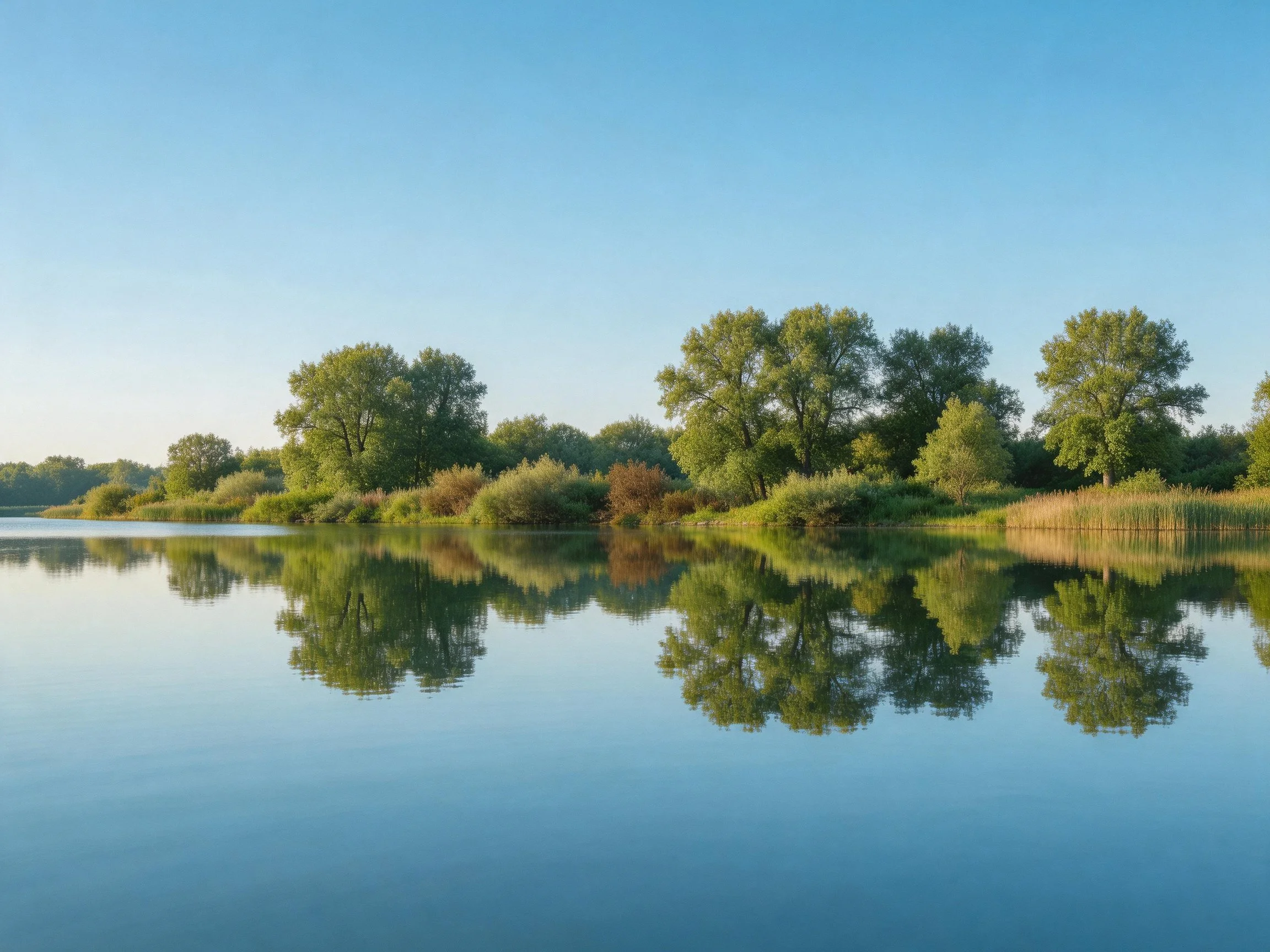Tranquil lake with lush tree reflections under bright blue sky