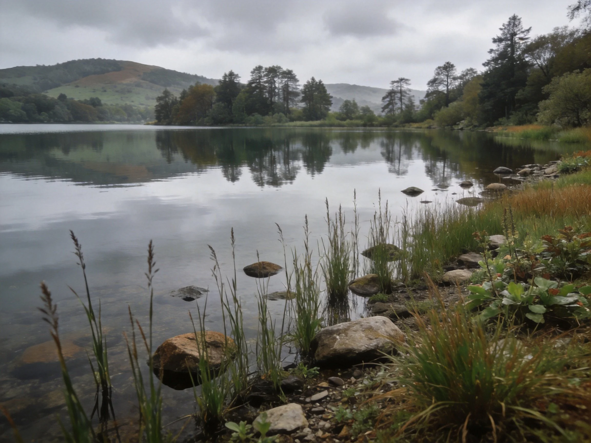 Tranquil lake with rocky shores and misty forest backdrop