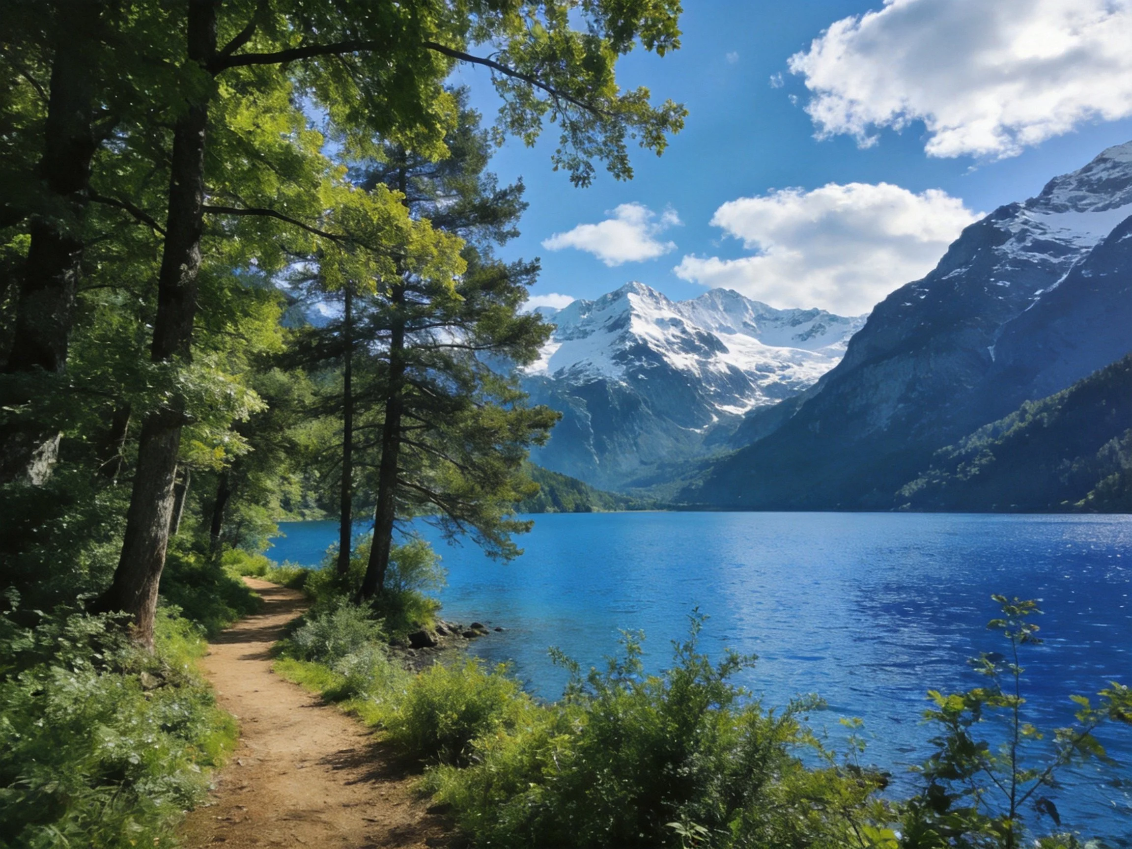 Tranquil lakeside path with lush greenery and snow-capped mountains