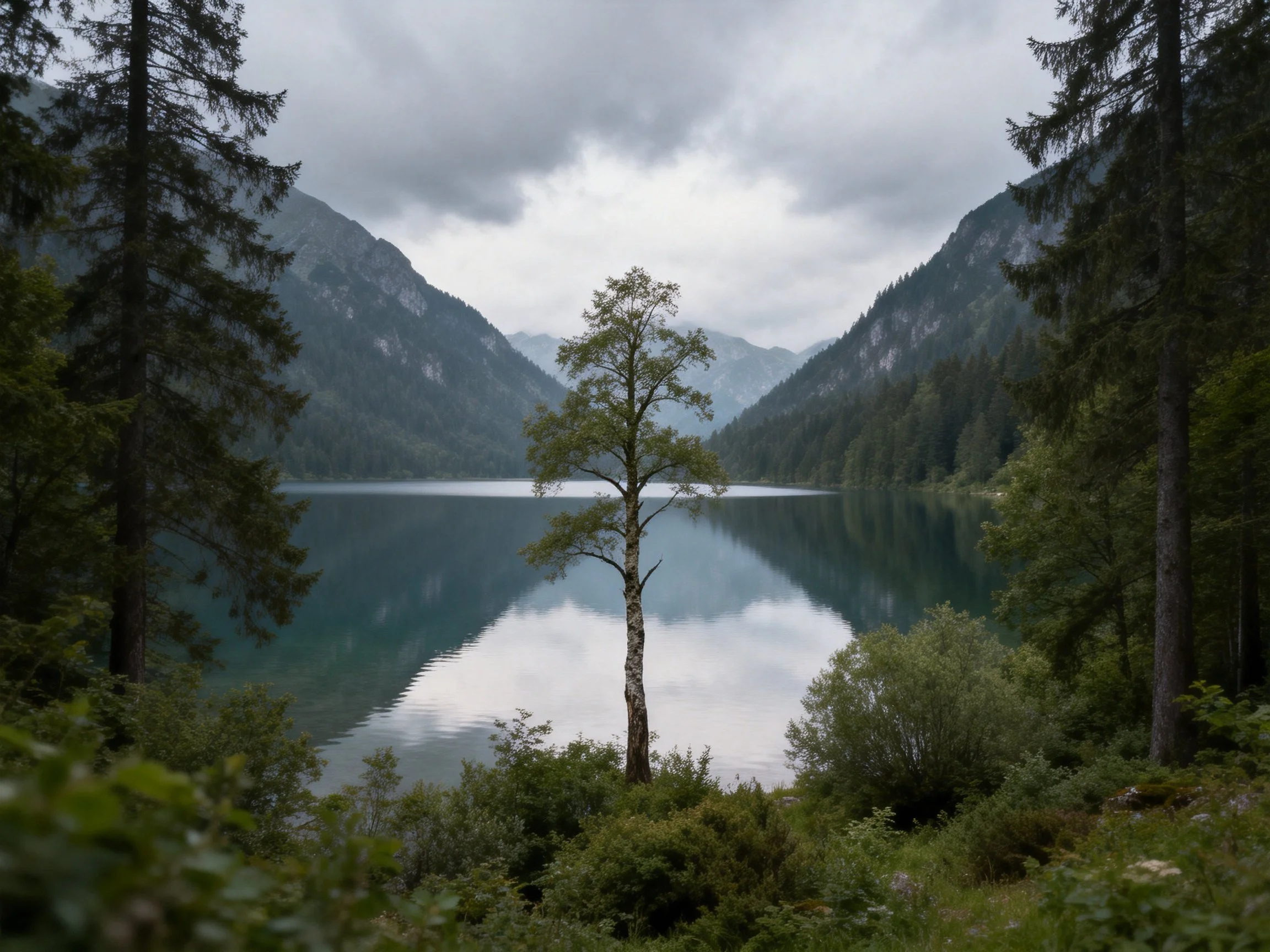 Tranquil mountain lake with central tree and forest surroundings
