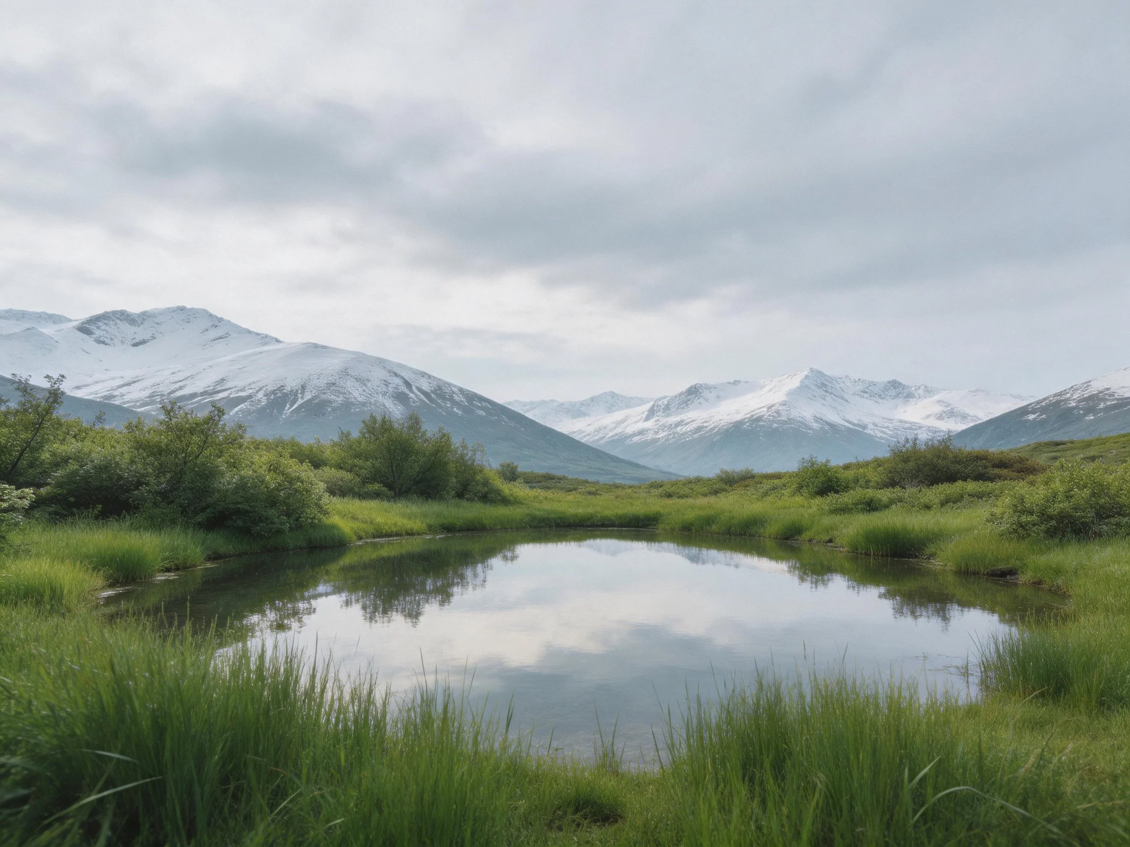 Tranquil pond with lush greenery near snow - capped mountains