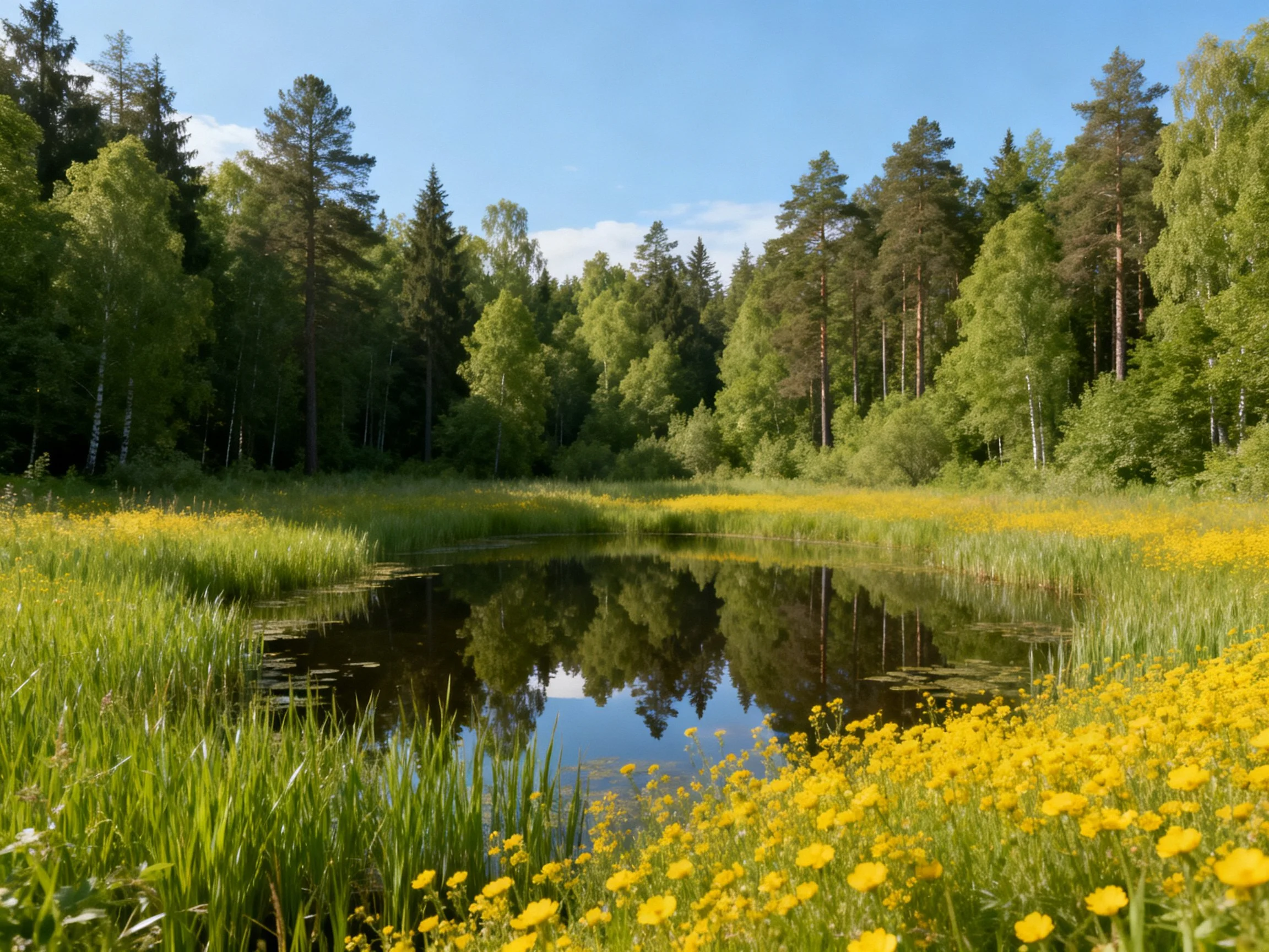 Tranquil pond with yellow wildflowers near dense green forest