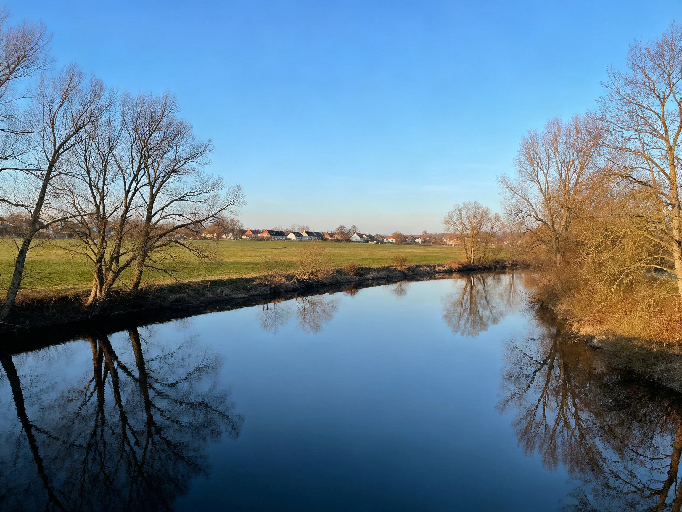 Tranquil river reflects bare trees and distant homes beneath clear blue sky