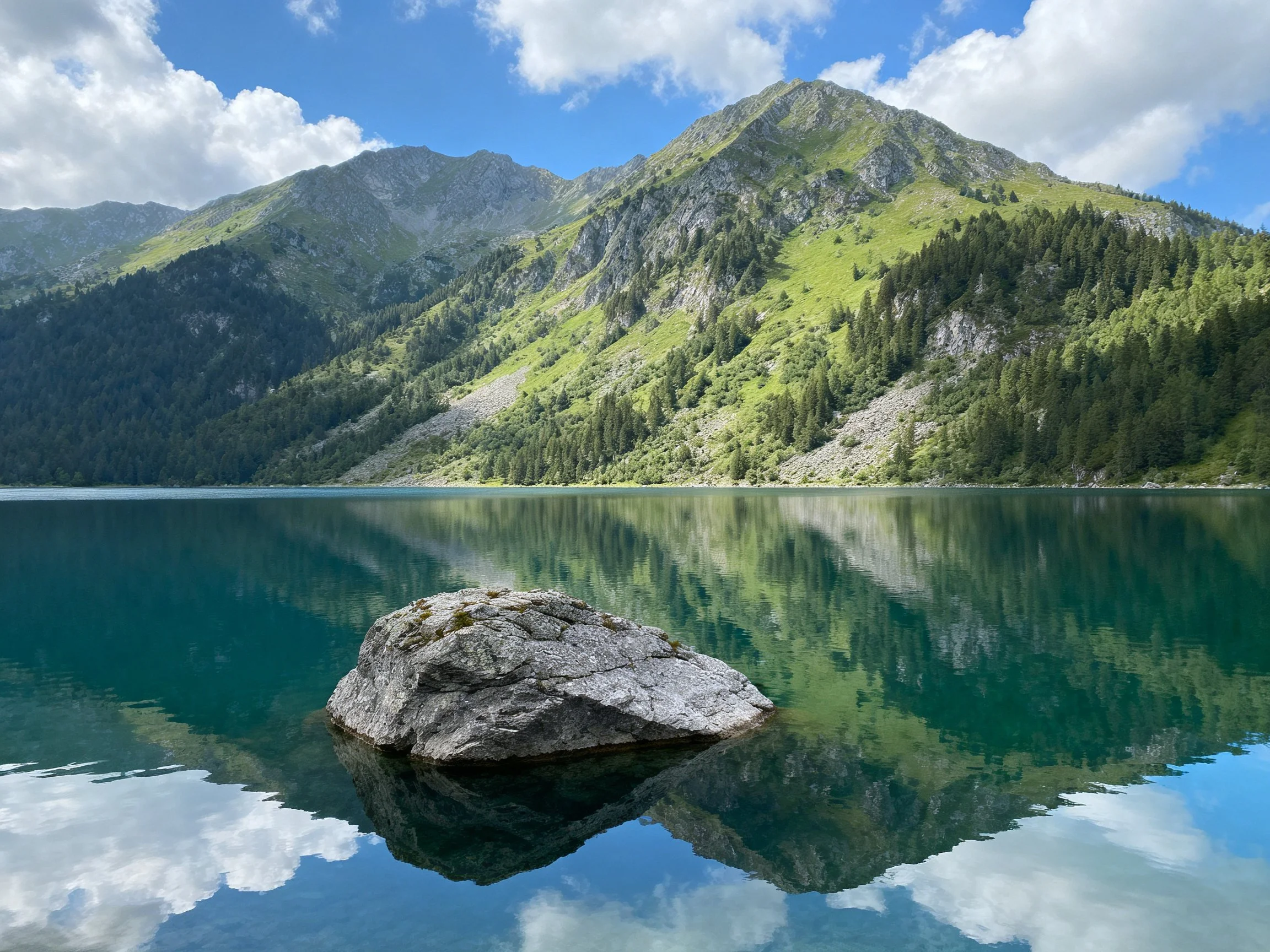 Tranquil turquoise lake reflects lush green mountains and bright blue sky.
