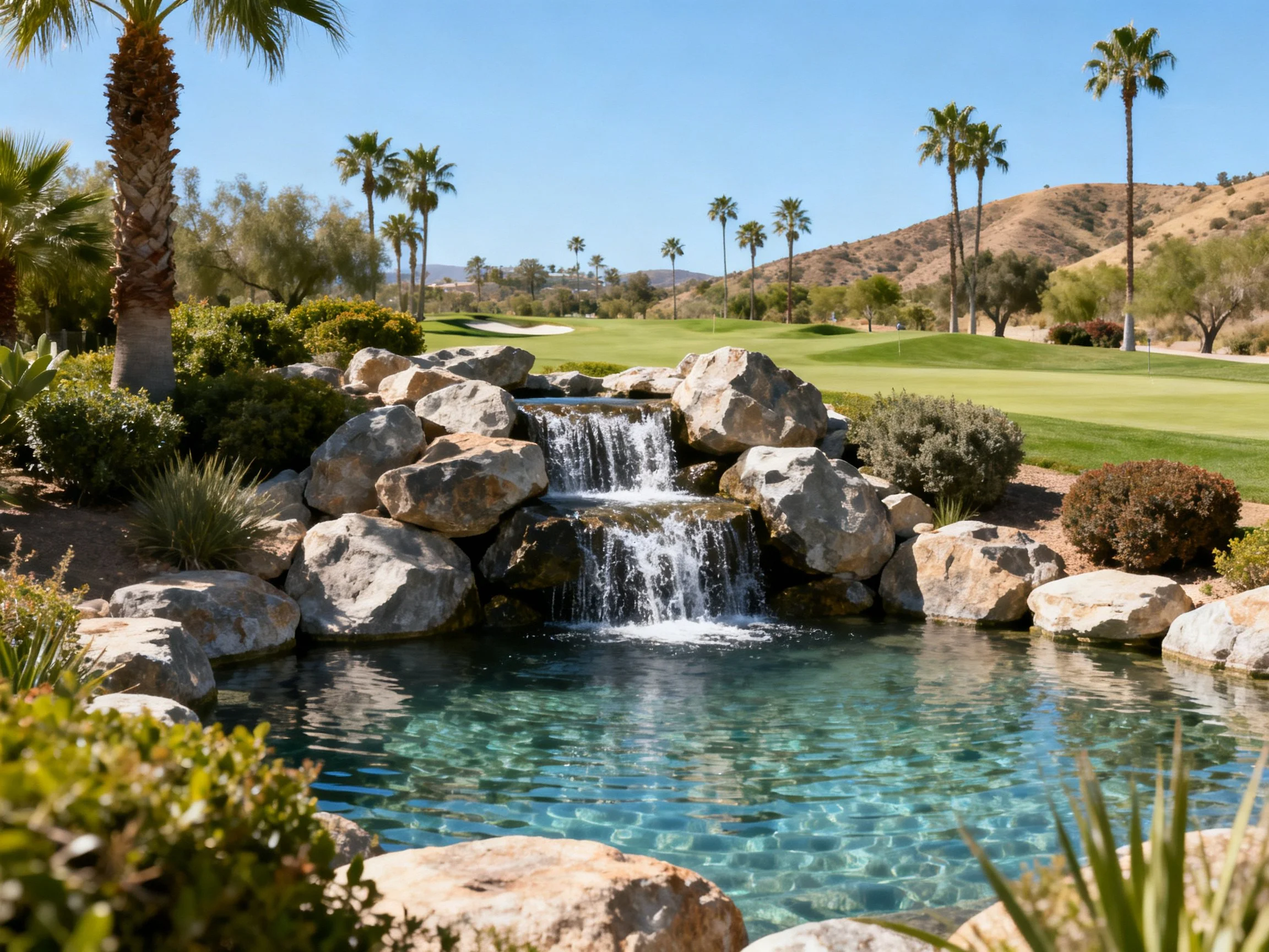 Tranquil waterfall with rocks, palm trees, and golf course view