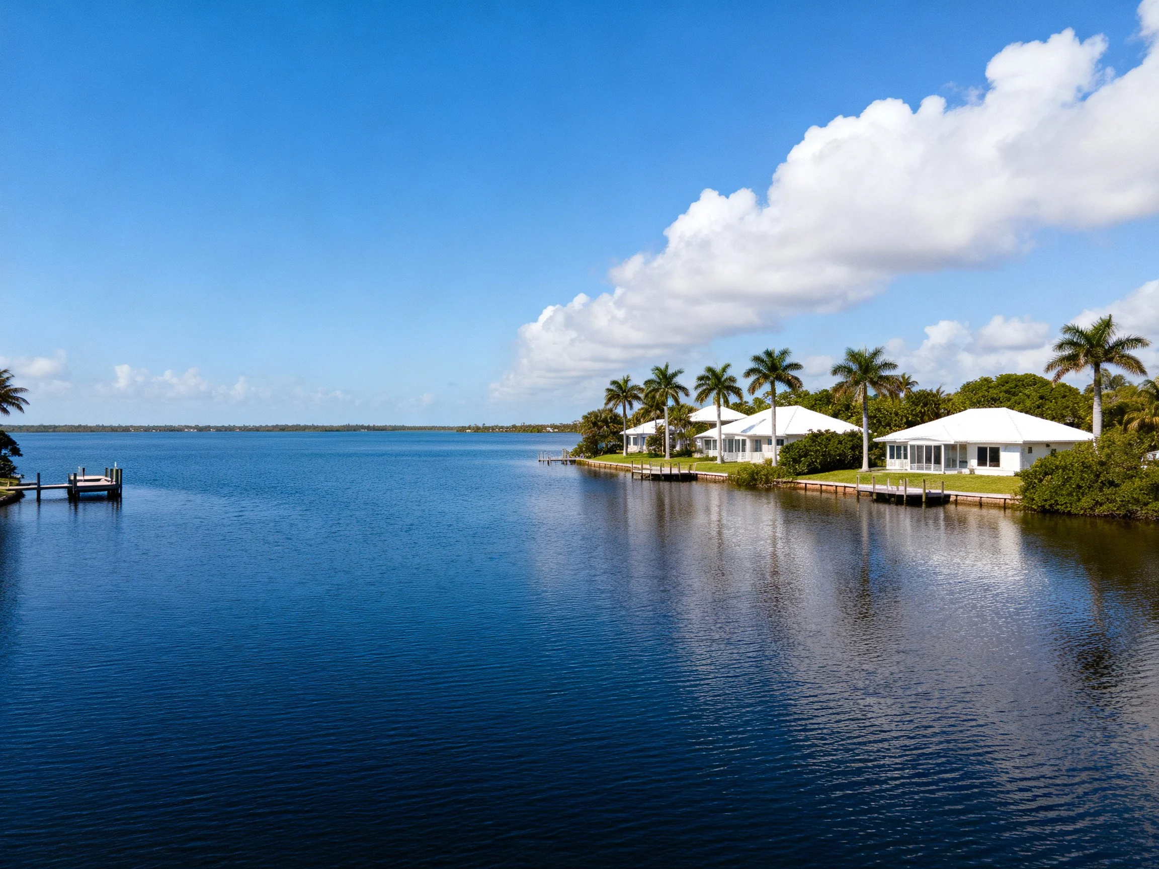 Tranquil waterfront with white homes, palm trees, and calm blue waters