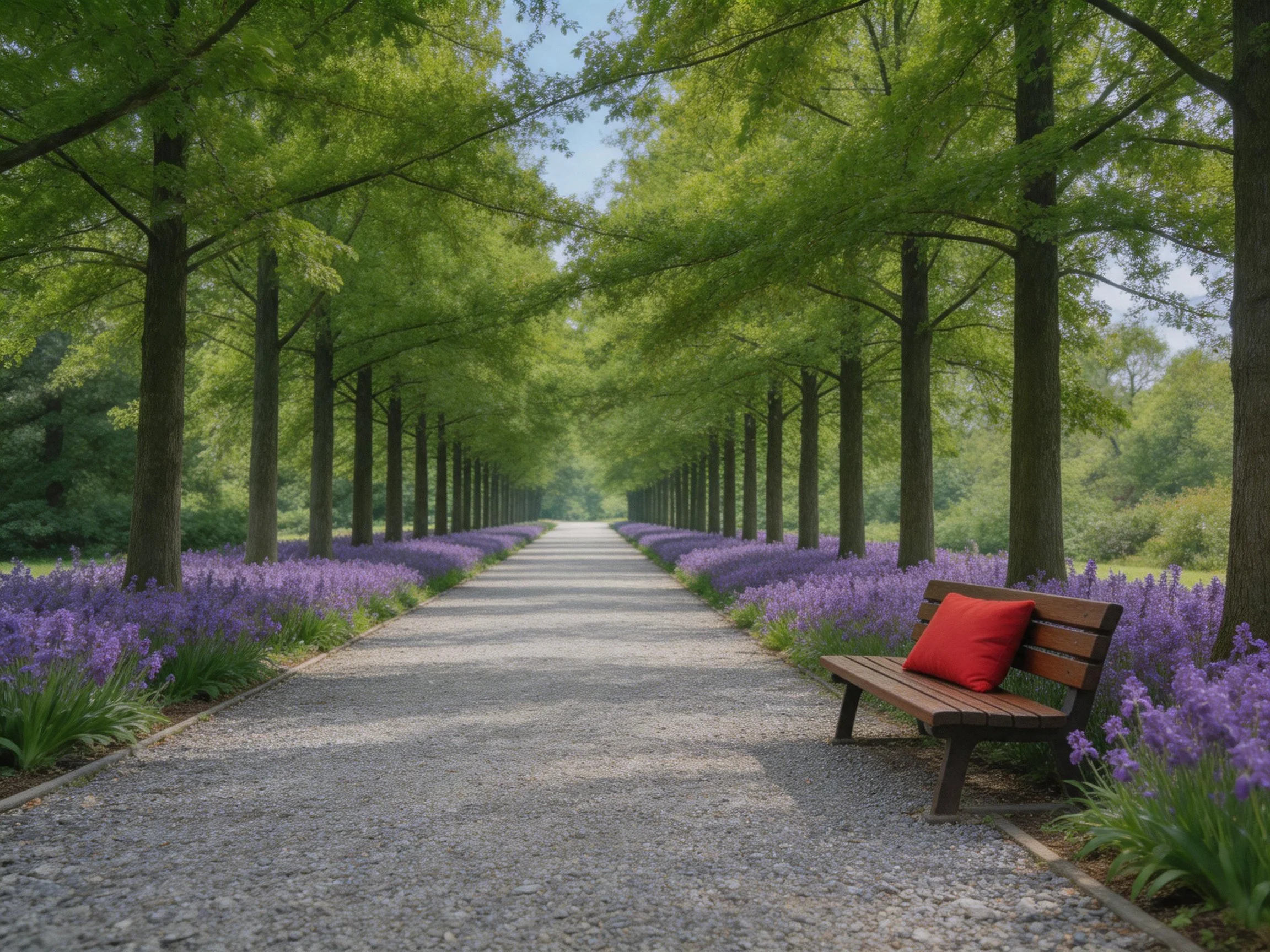 Tree-lined path with purple flower beds and wooden bench