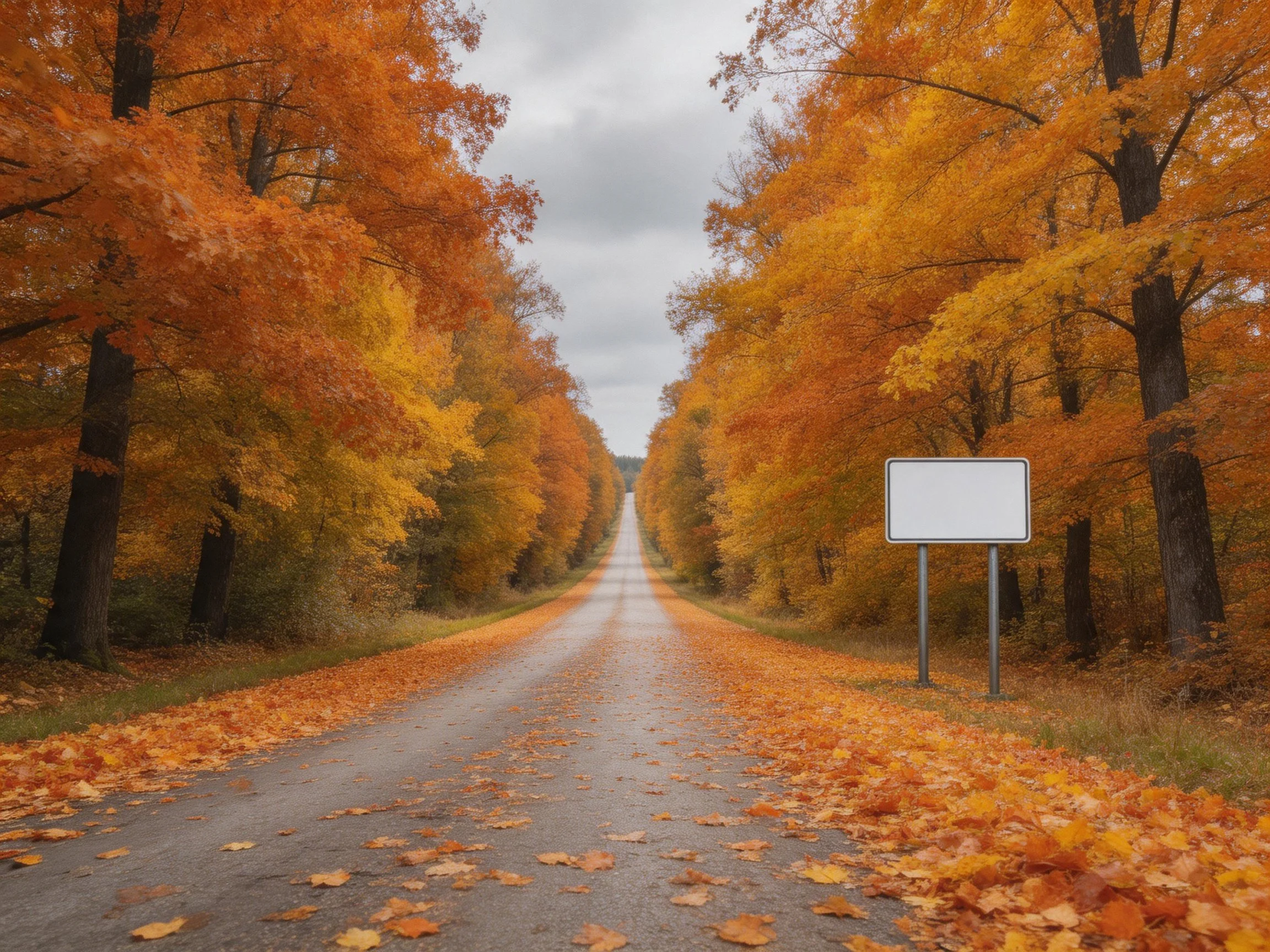 Tree-lined road with autumn-colored trees and fallen leaves