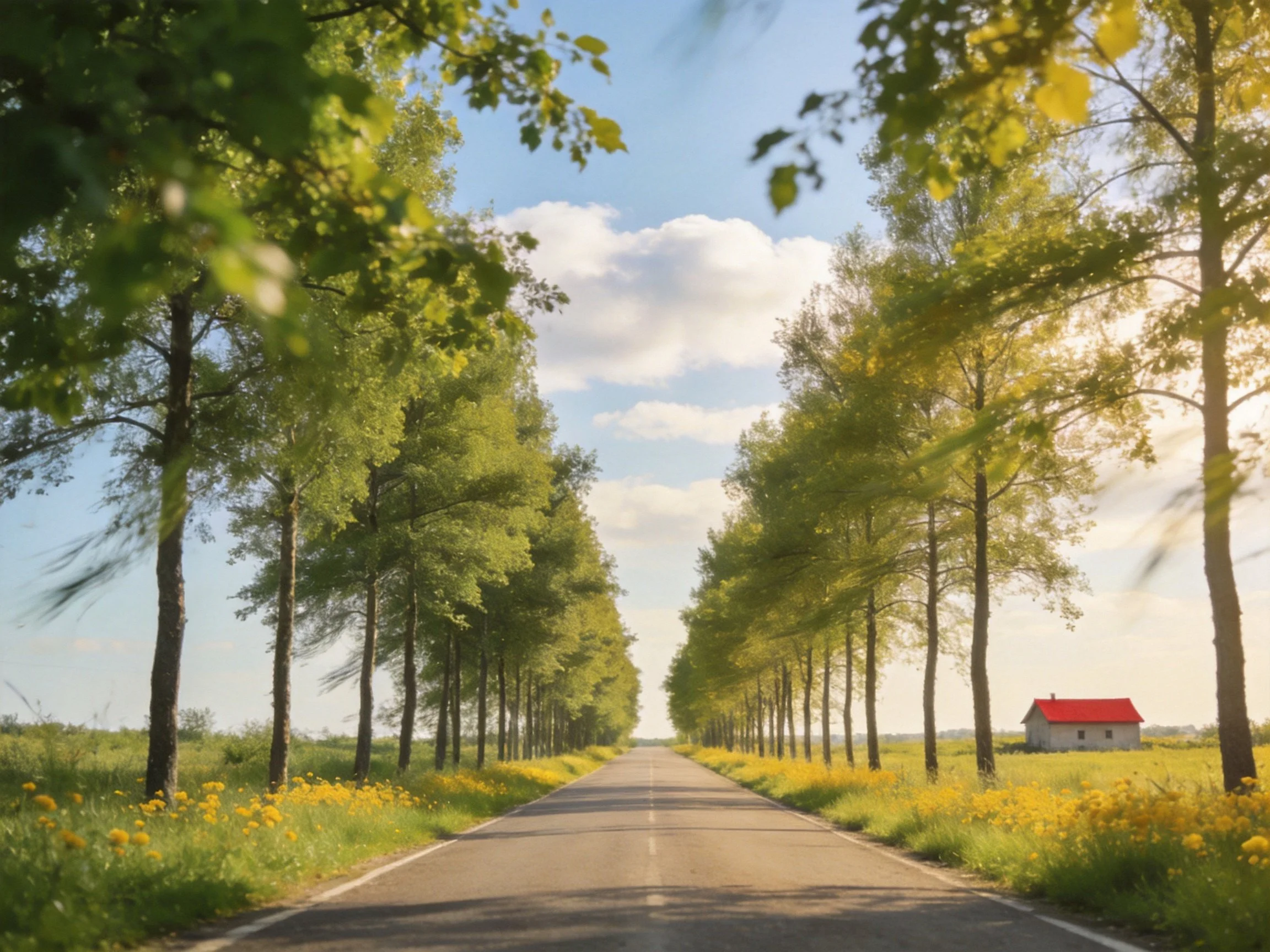 Tree-lined road with tall green trees, yellow wildflowers, red-roofed house
