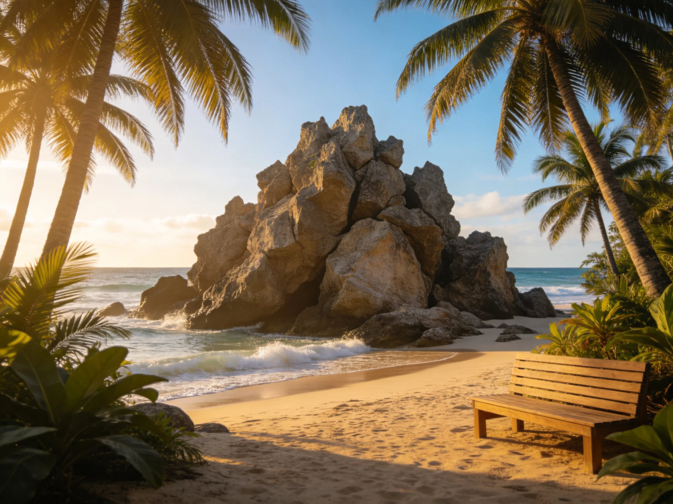 Tropical Beach with Large Rock Formation and Palm Trees