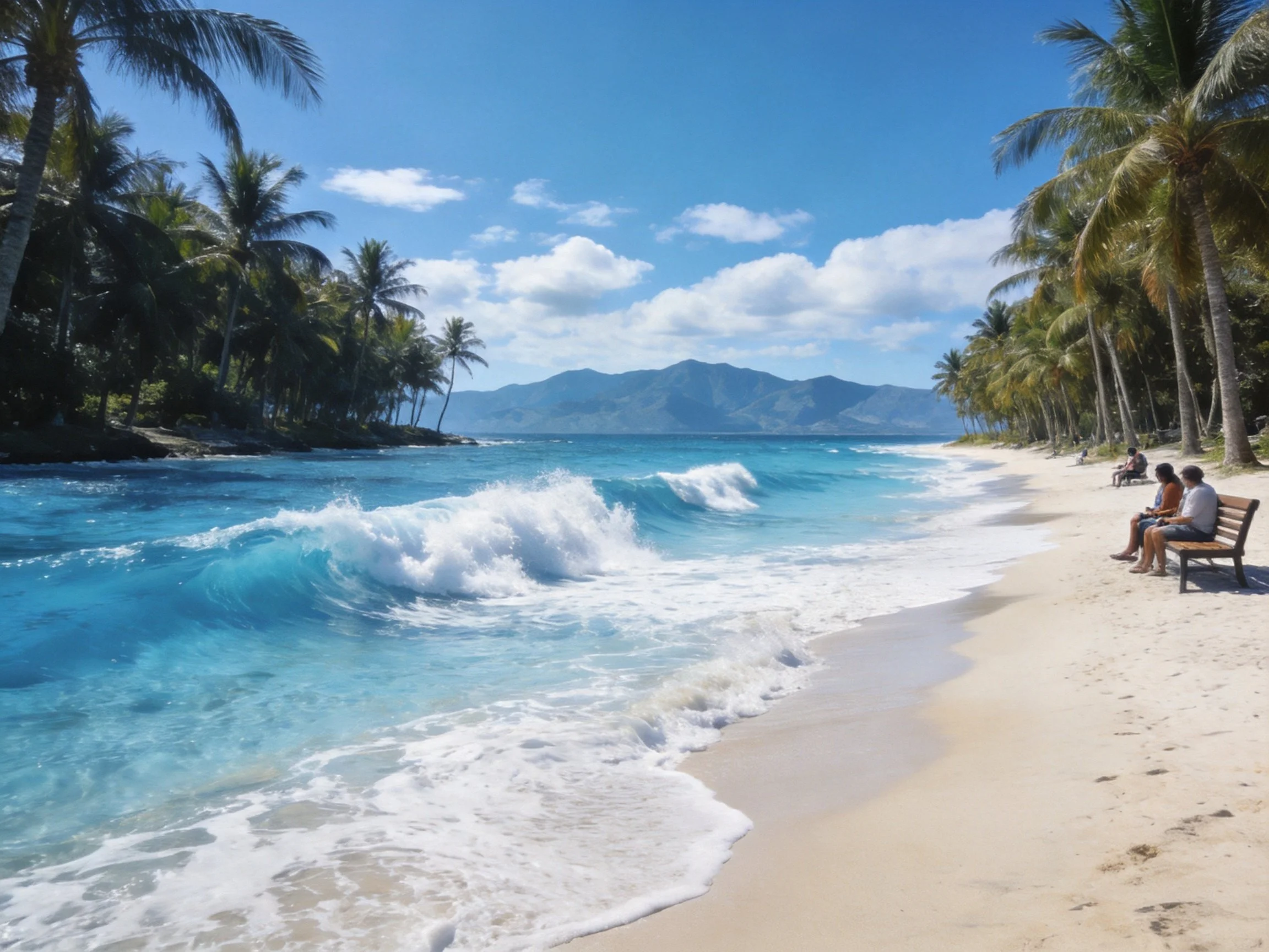 Tropical Beach with Palm Trees and Turquoise Waves