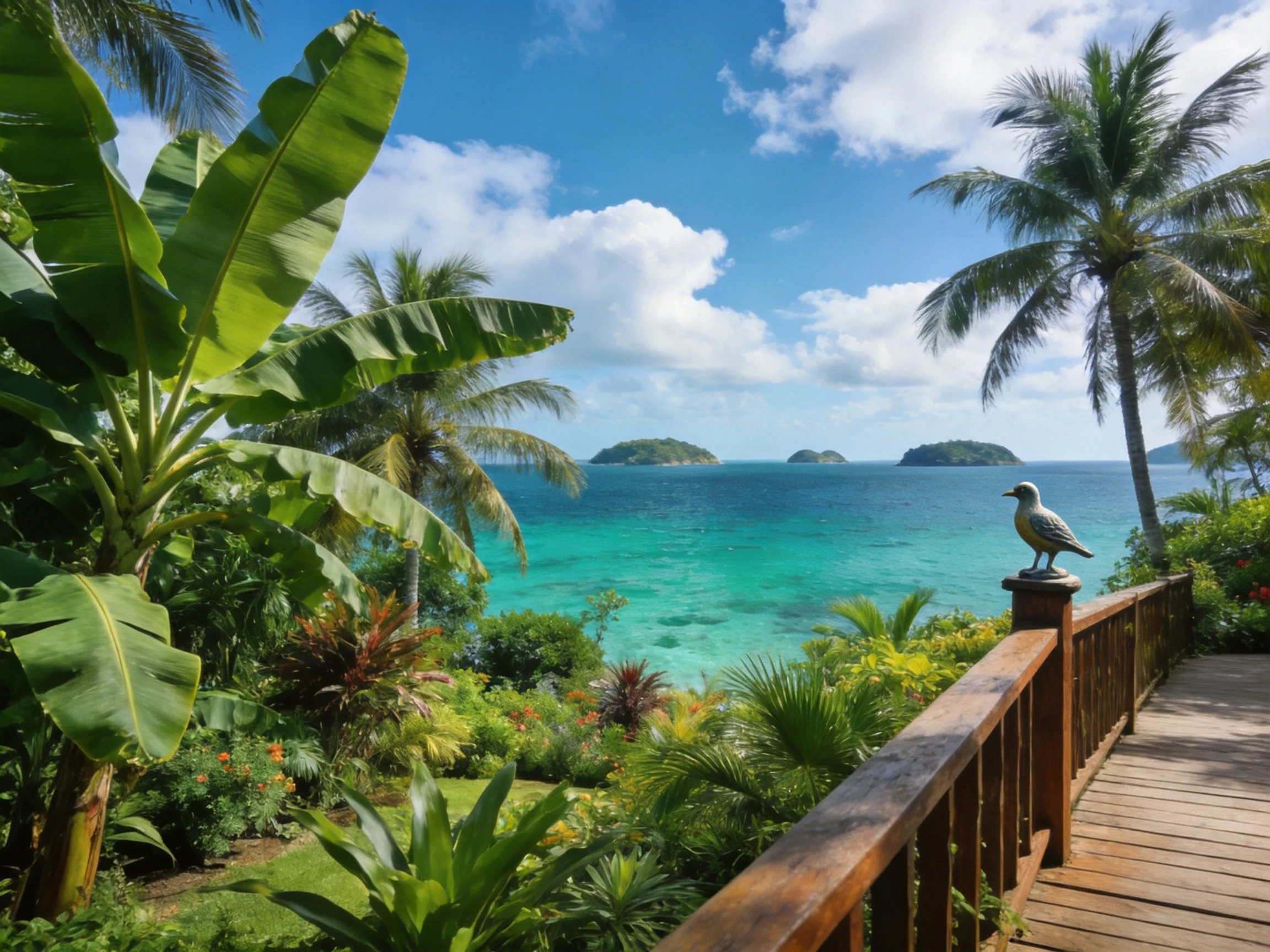 Tropical Coastal View with Turquoise Waters and Wooden Walkway