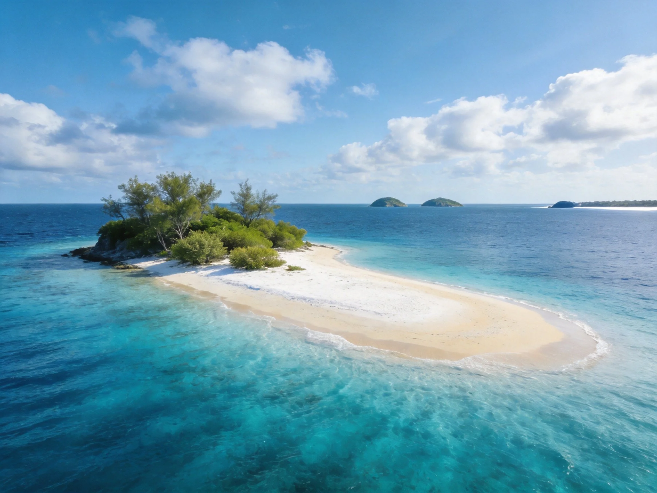 Tropical island with white sand, turquoise waters, and distant islands