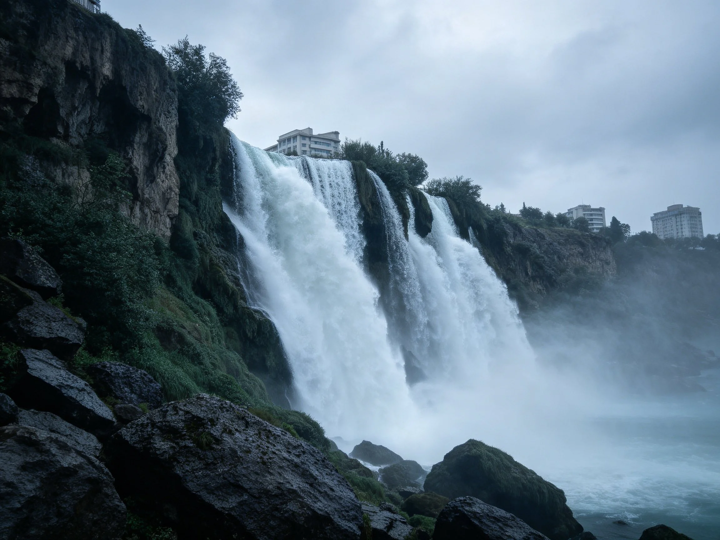 Turbulent waterfall crashes over mossy rocky cliffs with distant buildings