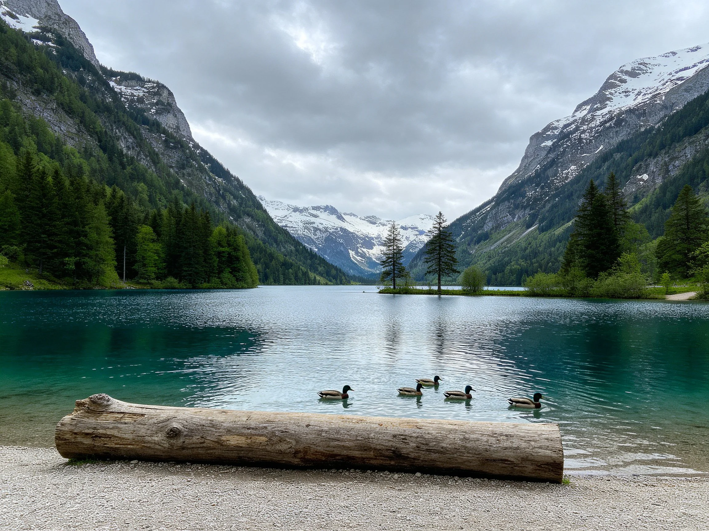Turquoise Lake Between Forested Mountains with Ducks