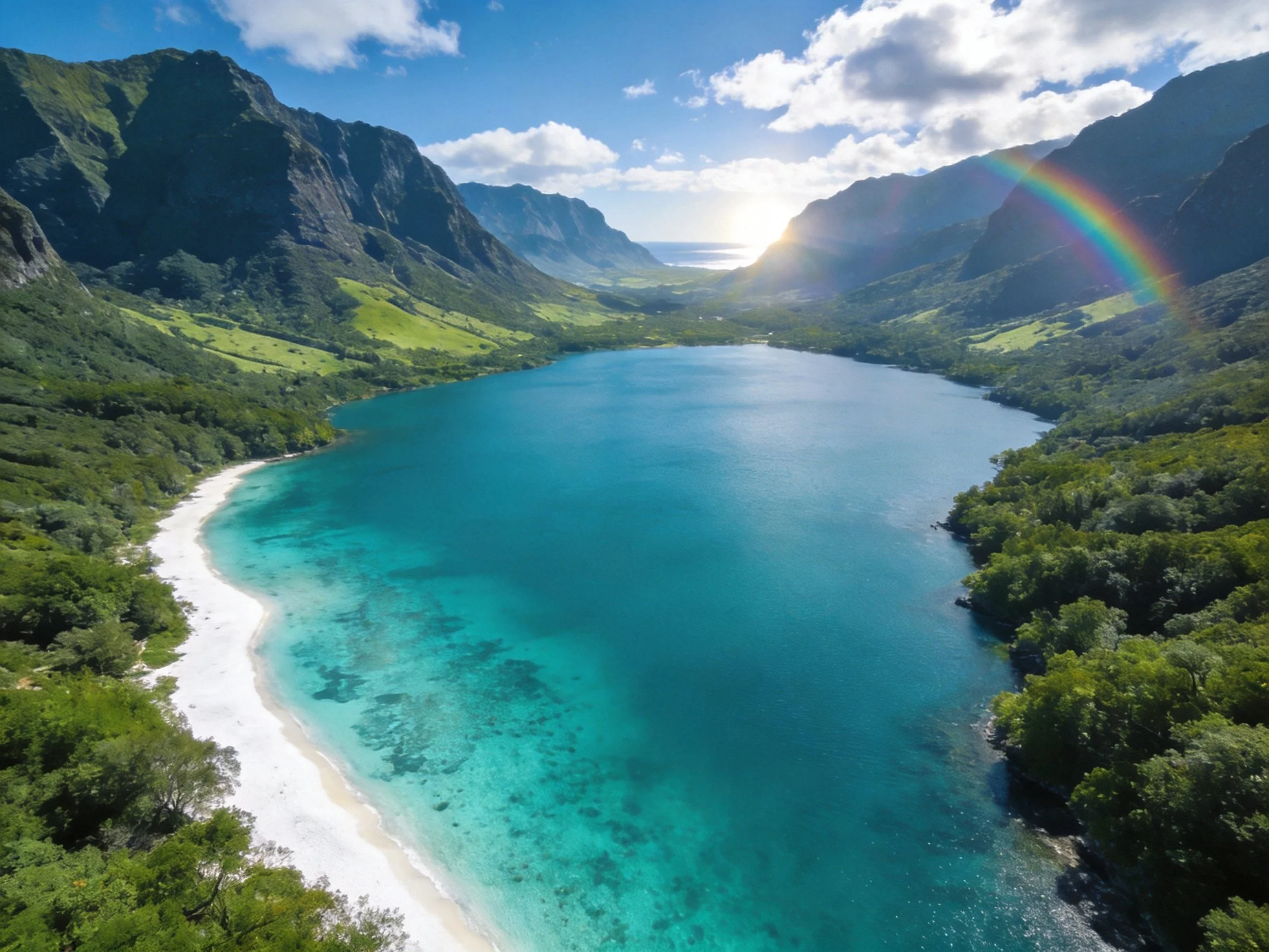 Turquoise Lake Flanked by Green Mountains and White Sandy Shore