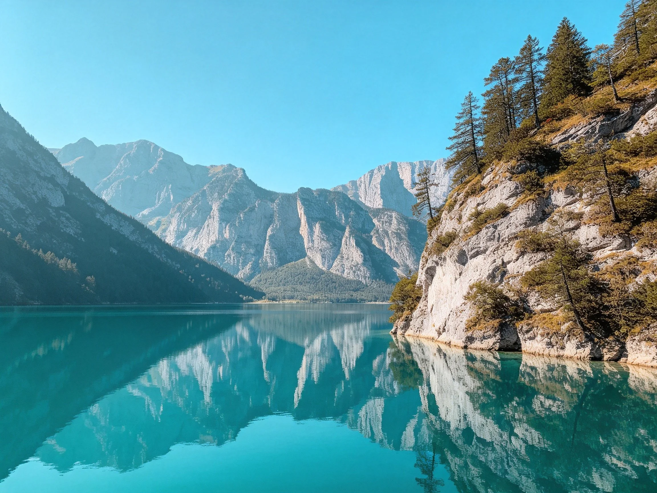 Turquoise Lake Mirrors Majestic Mountain Cliffs Under Bright Blue Sky