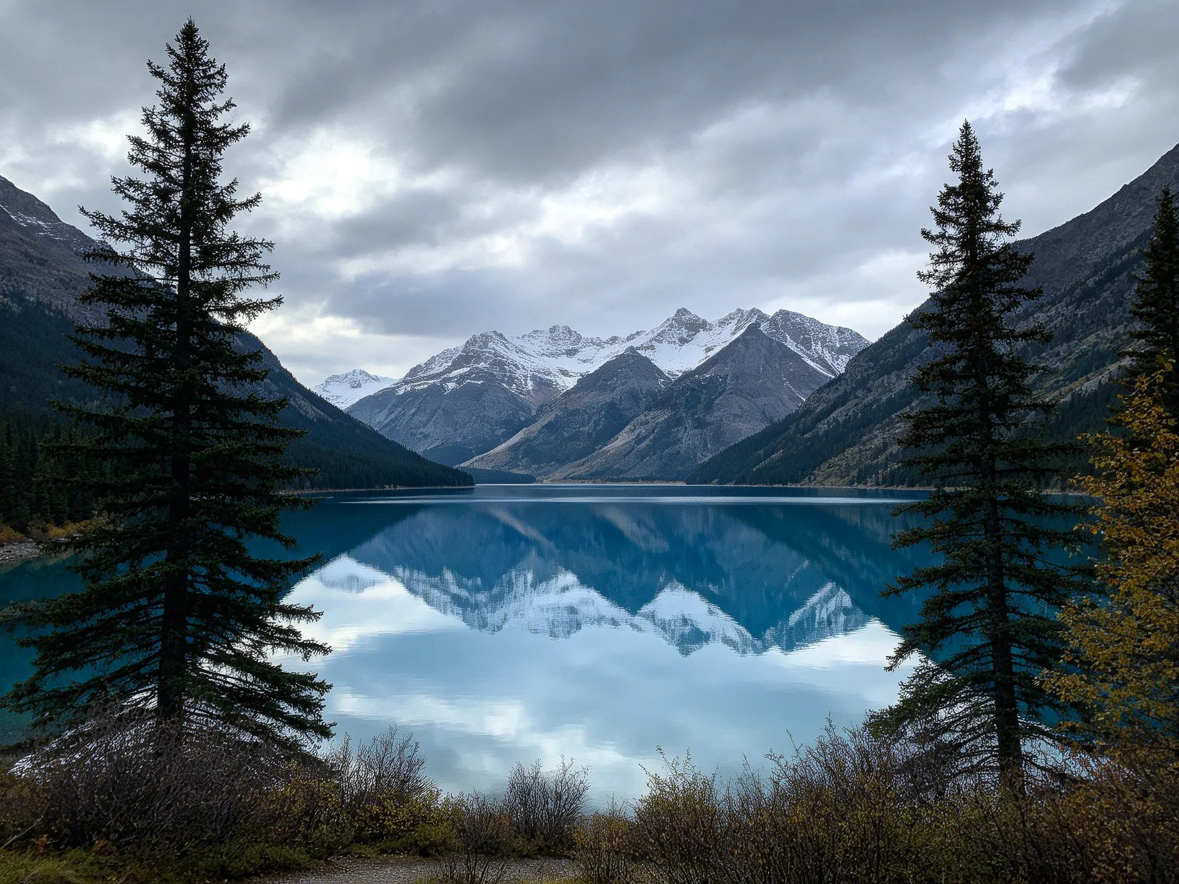 Turquoise Lake Reflecting Snow-Capped Mountains Under Overcast Sky
