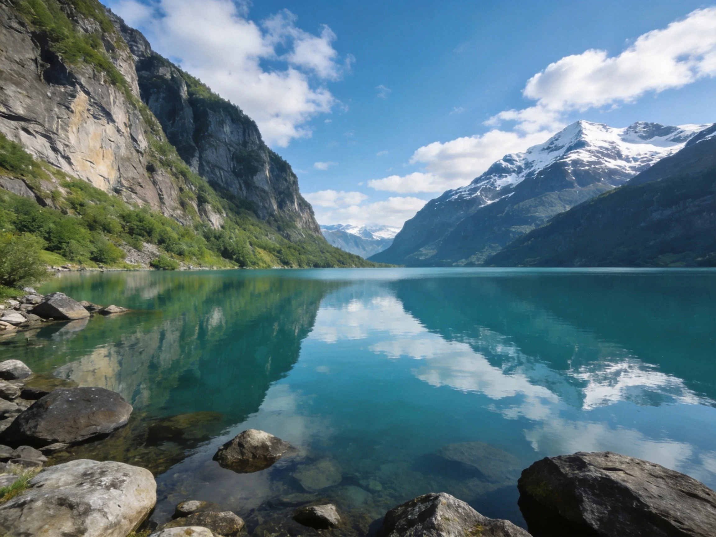 Turquoise Lake Reflecting Snow-Capped Mountains and Cliffs