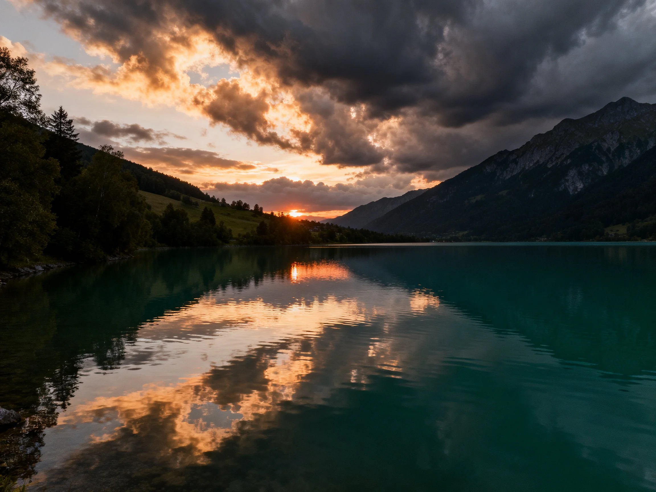 Turquoise Lake Reflecting Sunset Clouds and Mountain Silhouettes