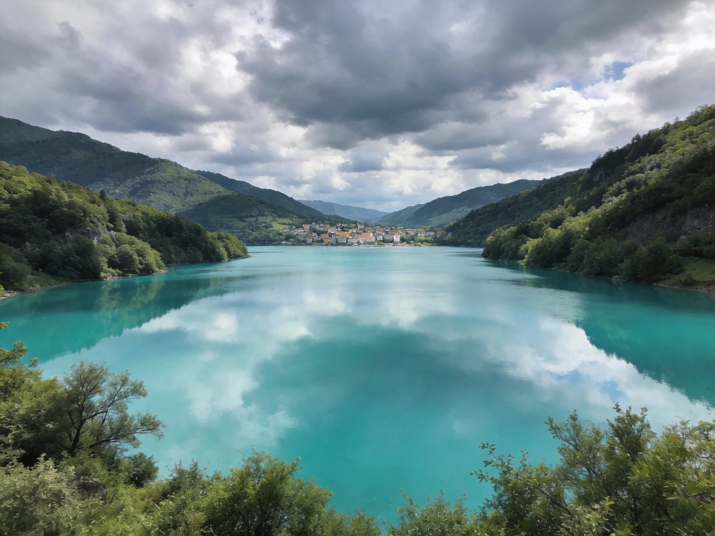 Turquoise Lake Reflects Cloudy Sky Among Lush Green Mountains
