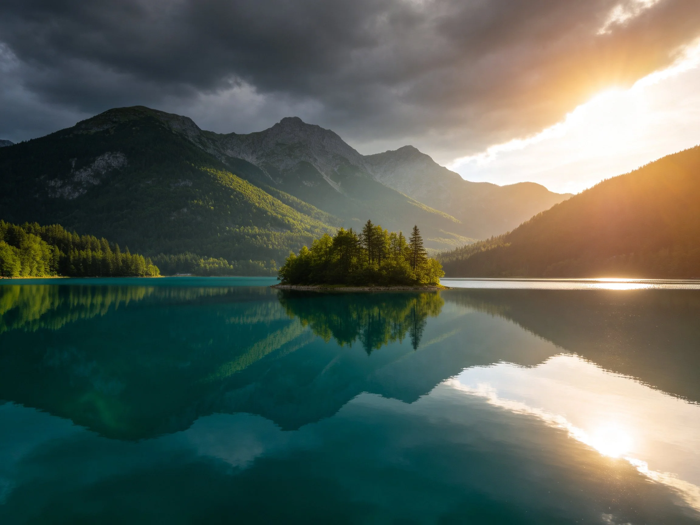 Turquoise Lake Reflects Forested Island Among Mountainous Landscape at Sunset