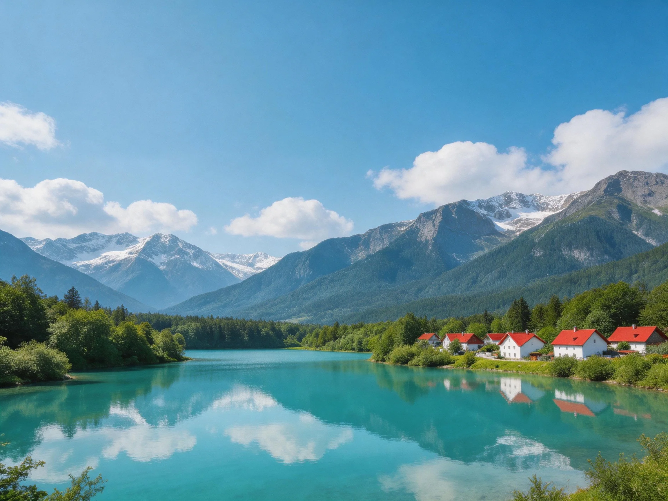 Turquoise Lake Reflects Snow-Capped Mountains Near Red-Roofed Villages