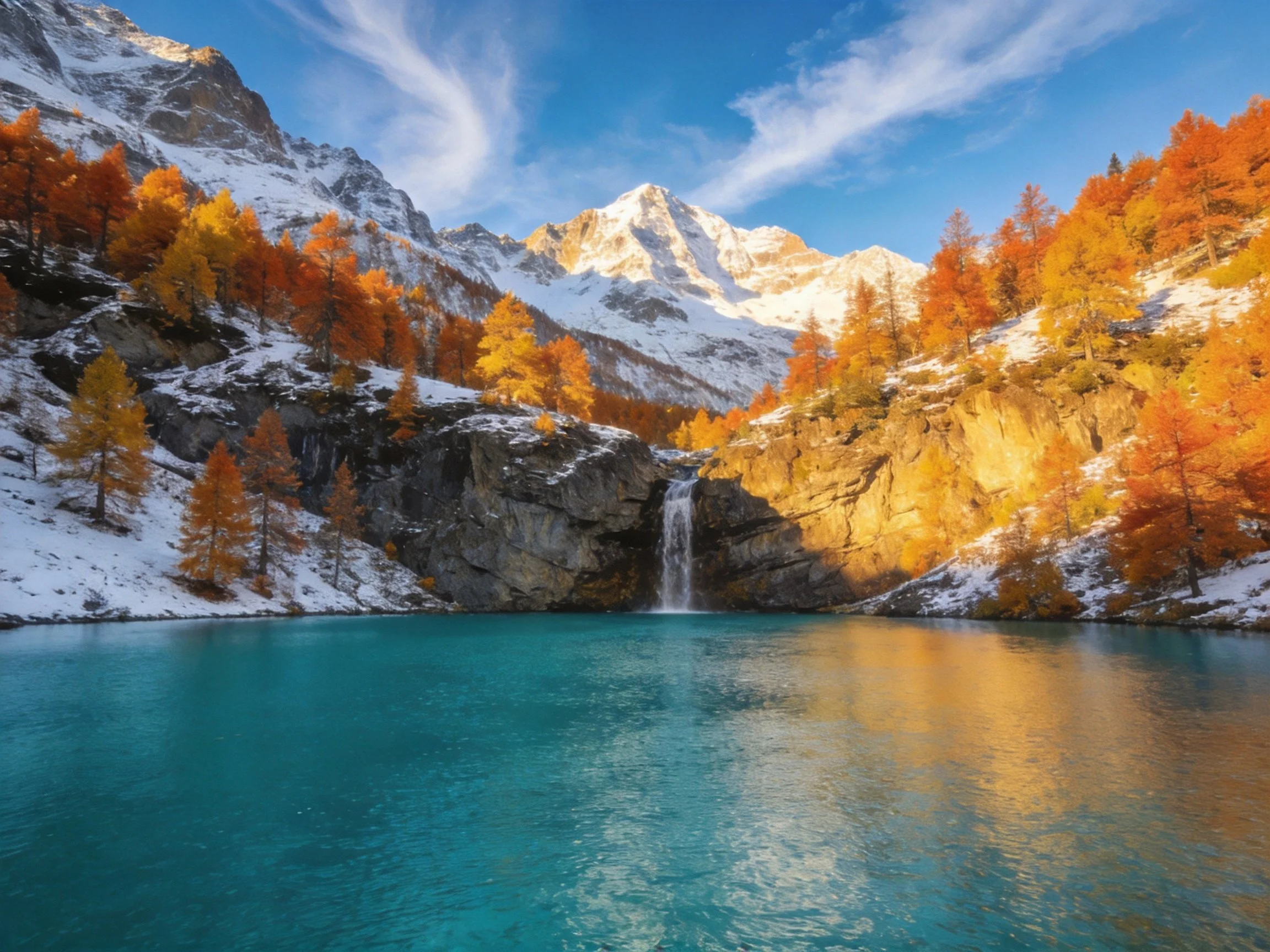 Turquoise Lake Surrounded by Autumn Foliage and Snow-Capped Peaks