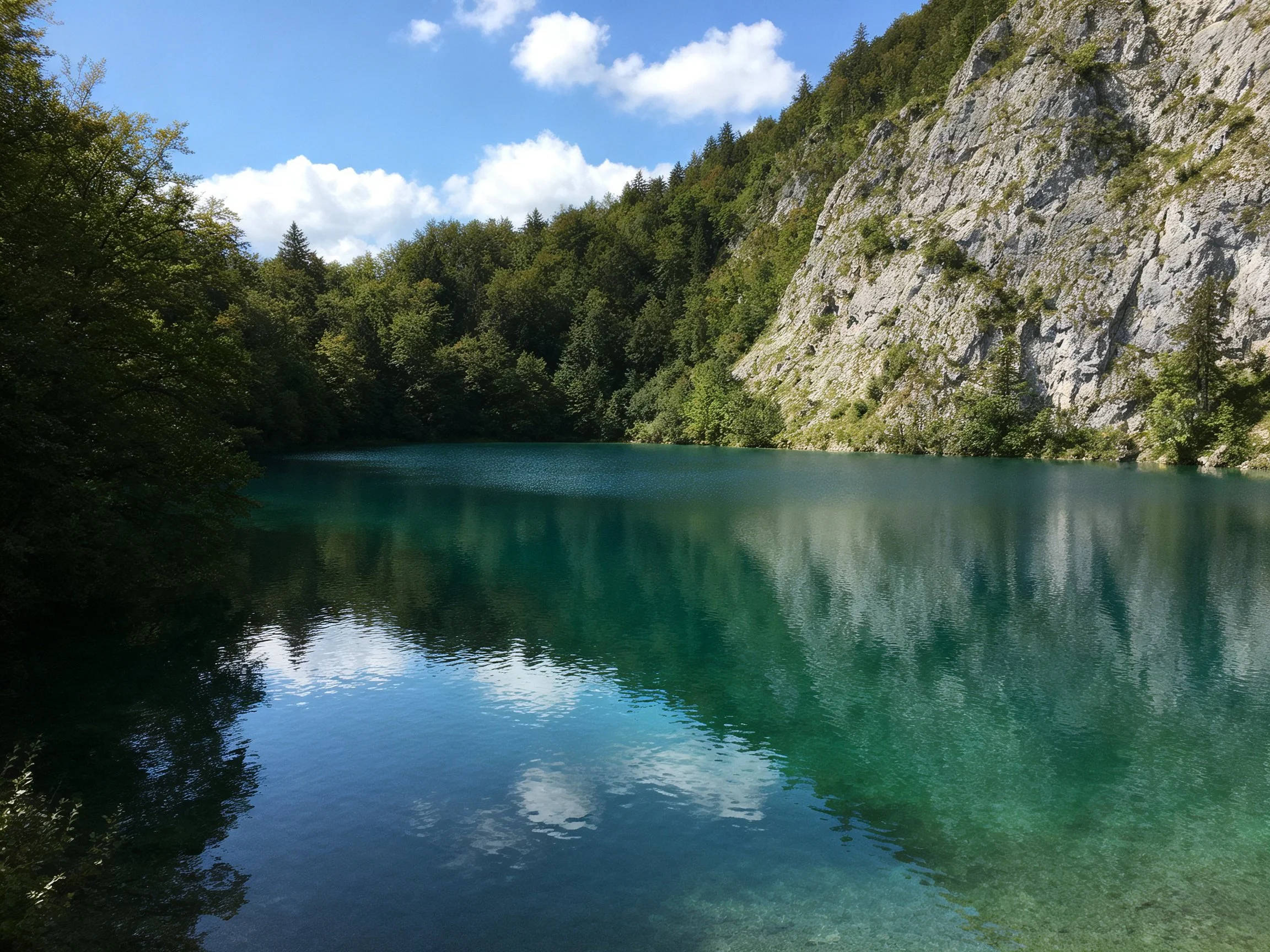 Turquoise Lake Surrounded by Dense Forests and Rocky Cliffs