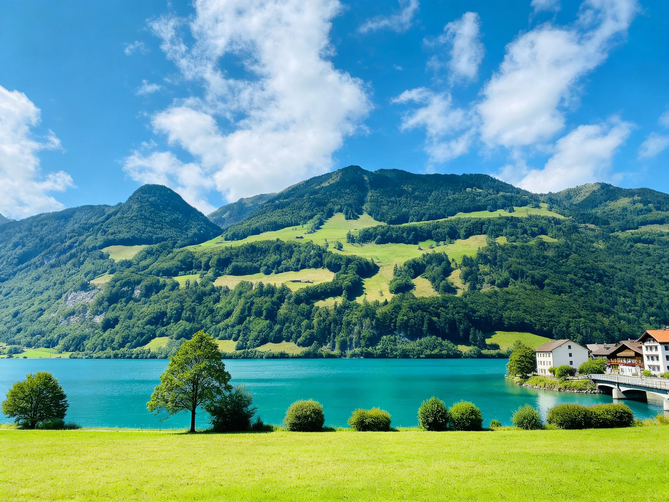 Turquoise Lake Surrounded by Lush Green Hills and Clear Blue Sky
