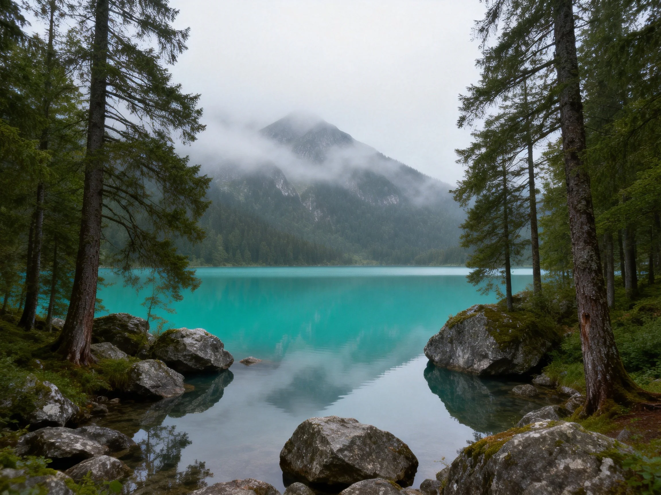 Turquoise Lake Surrounded by Mist-Covered Mountains and Tall Pine Trees