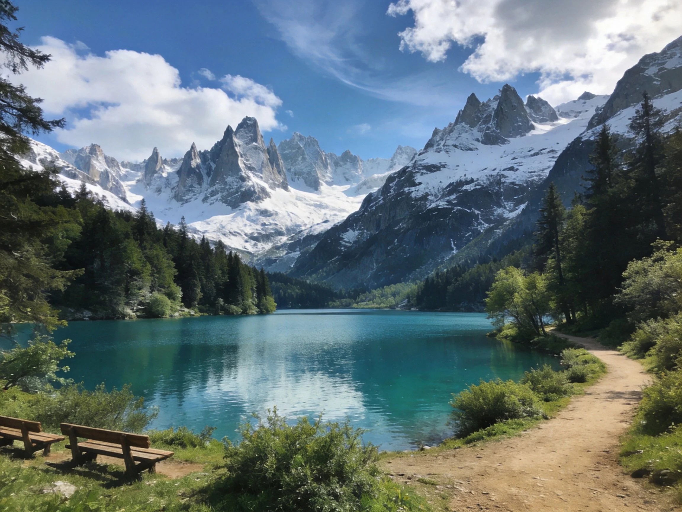 Turquoise Lake Surrounded by Snow-Capped Peaks and Dense Forests