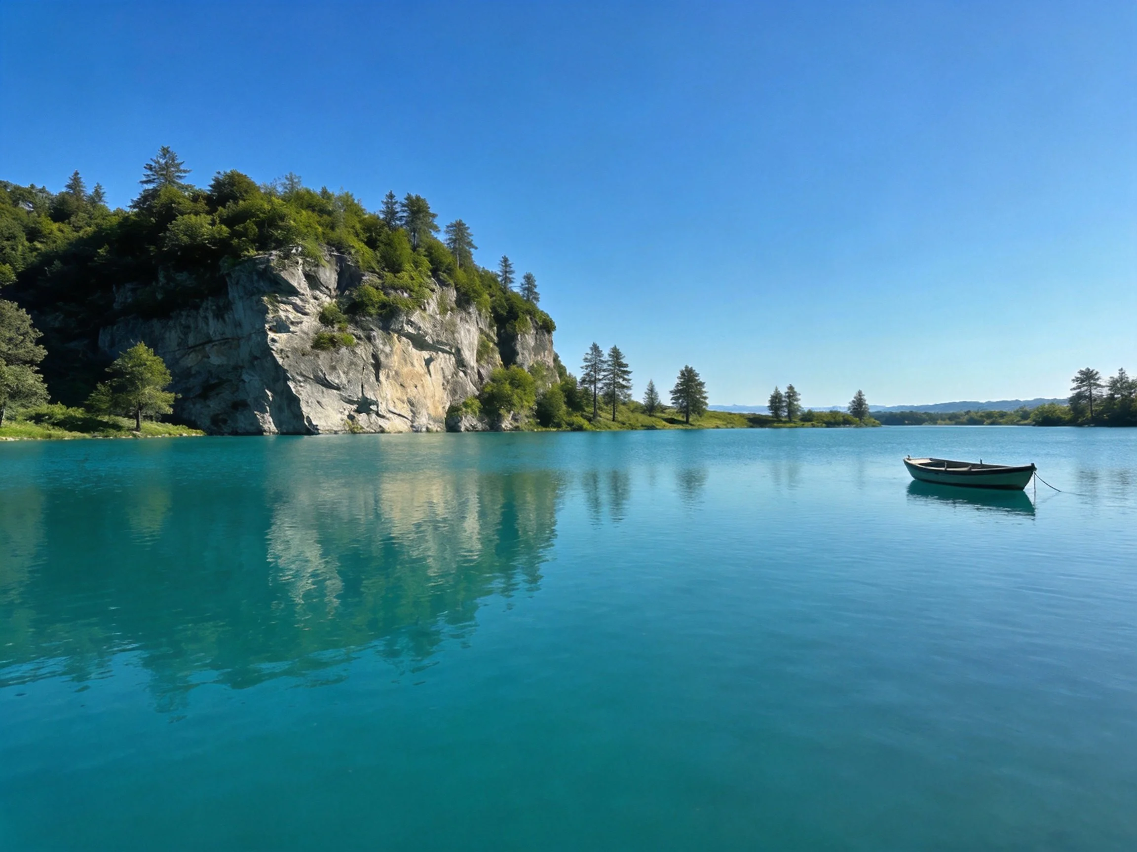Turquoise Lake with Rocky Cliffside and Small Boat