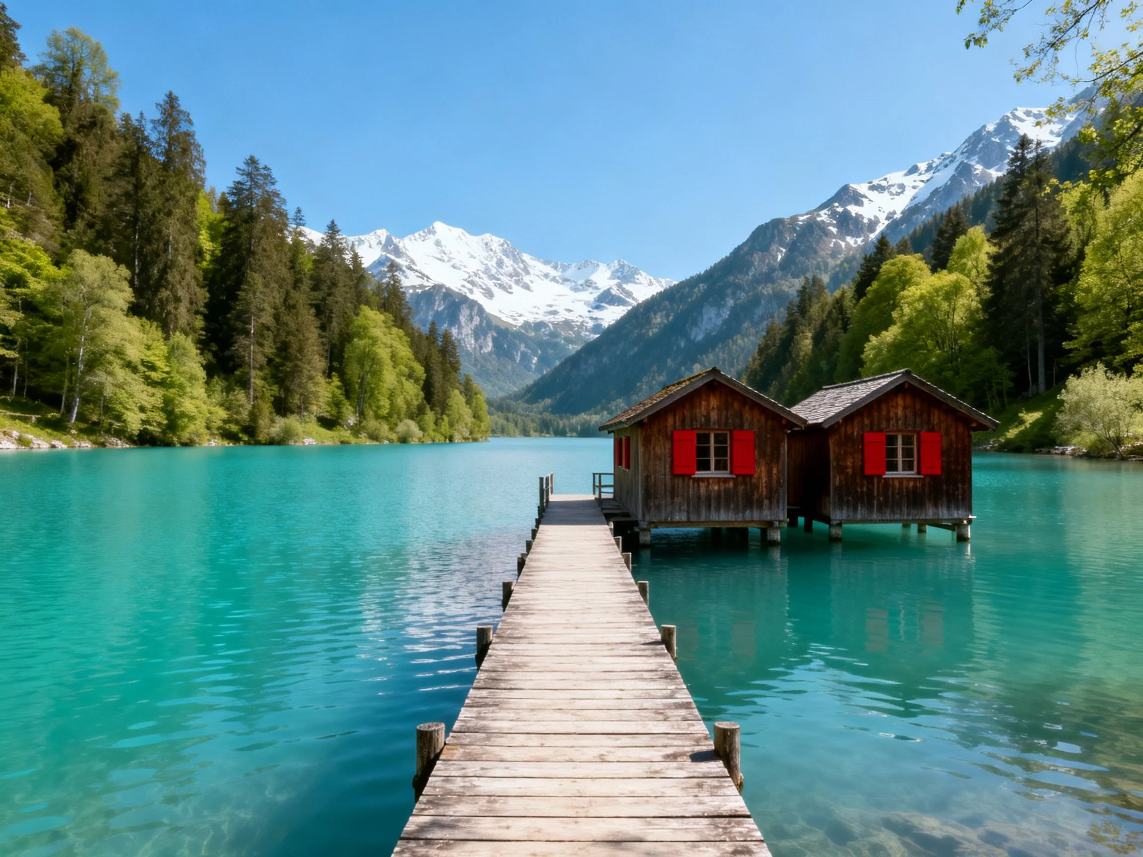 Turquoise Lake with Wooden Cabins, Snow-Capped Mountains, and Dock