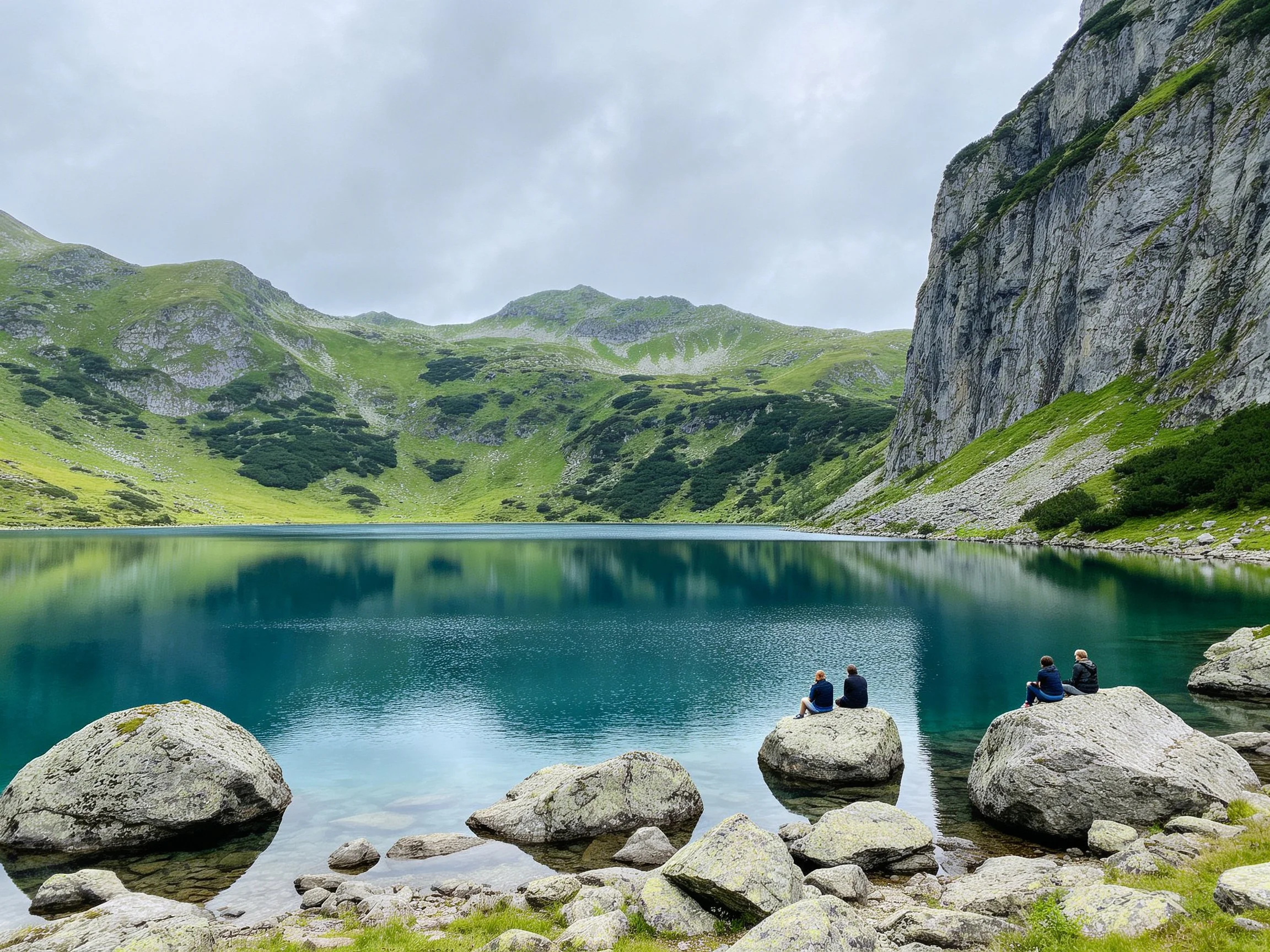 Turquoise Mountain Lake with Lush Green Cliffs and Rocky Shores