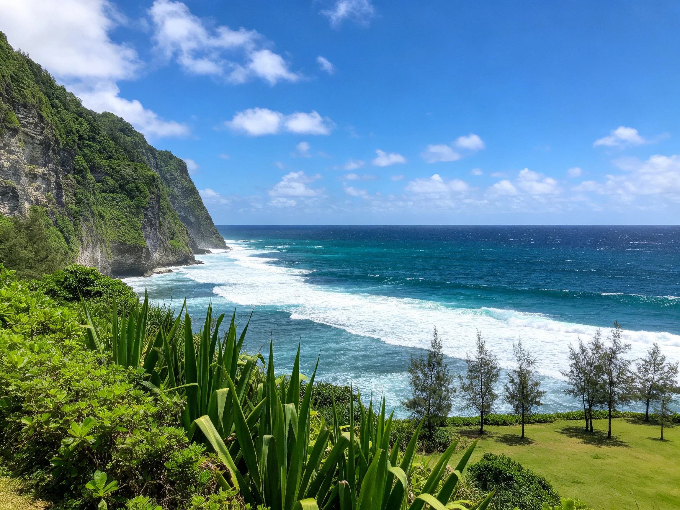 Turquoise Ocean Meets Lush Green Cliffs Under Bright Blue Sky
