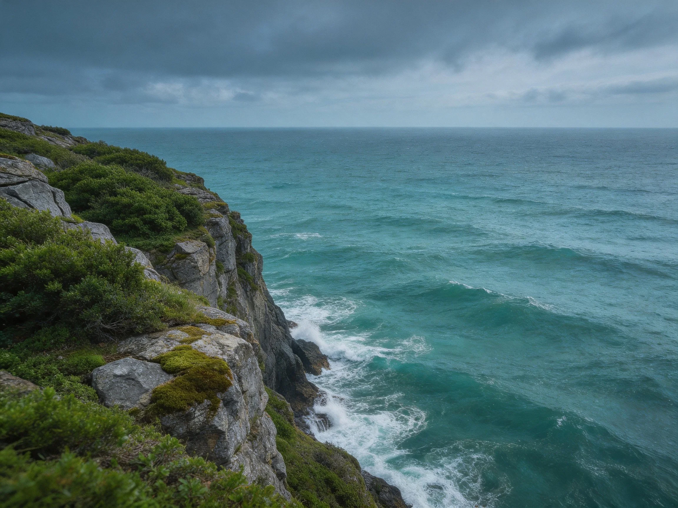 Turquoise Ocean Meets Moss-Covered Gray Cliffs Under Dark Sky