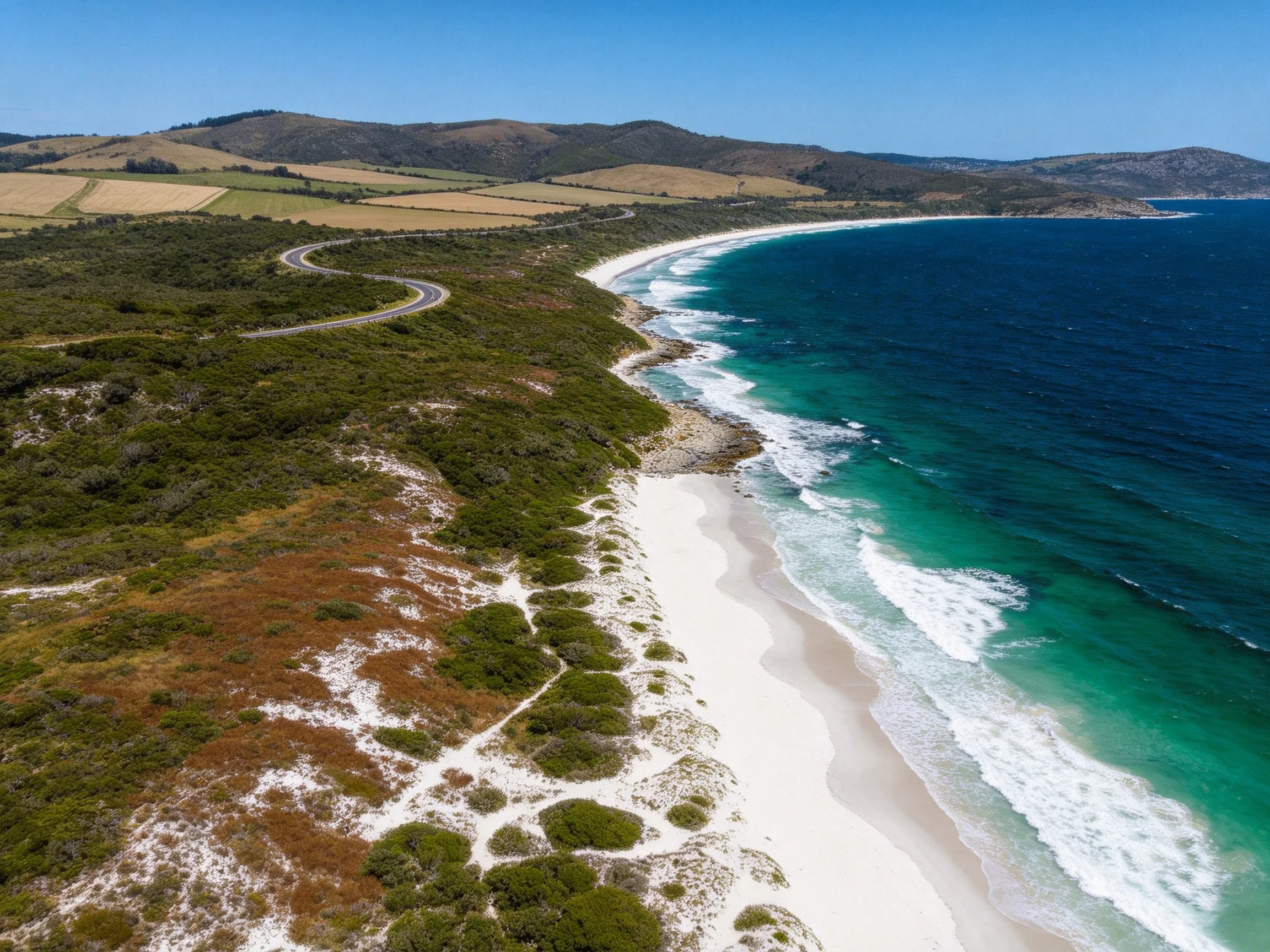 Turquoise Ocean Meets White Sand Along Winding Coastal Road