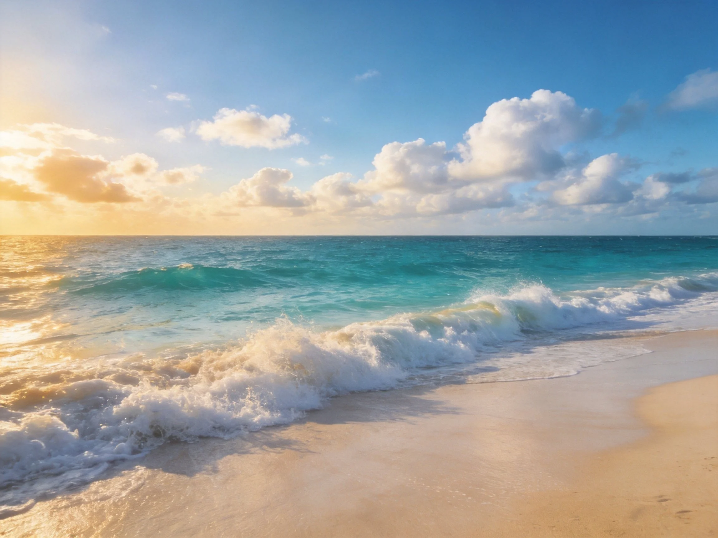 Turquoise Ocean Waves Crash on Golden Sand Under Bright Sky