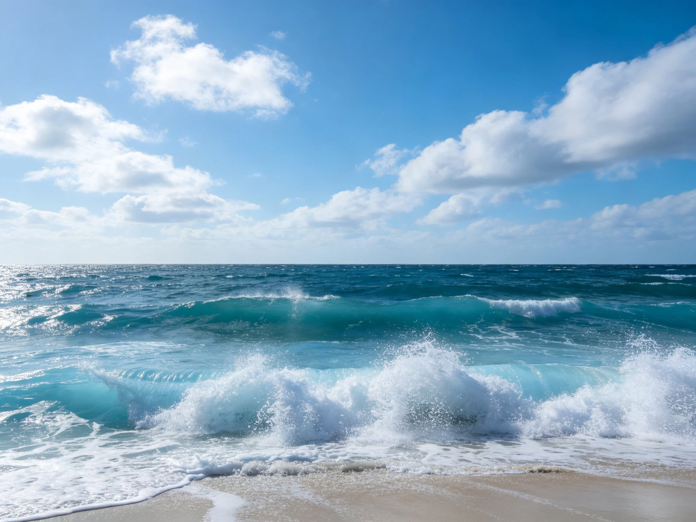 Turquoise Ocean Waves Crashing on Sandy Beach Under Bright Blue Sky